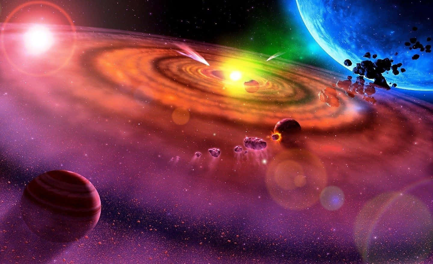 外太空 桌布 壁紙 — 一個充滿活力的宇宙場景，橙色和紫色的漩渦星雲在明亮的星星下發光，周圍環繞著行星和小行星。