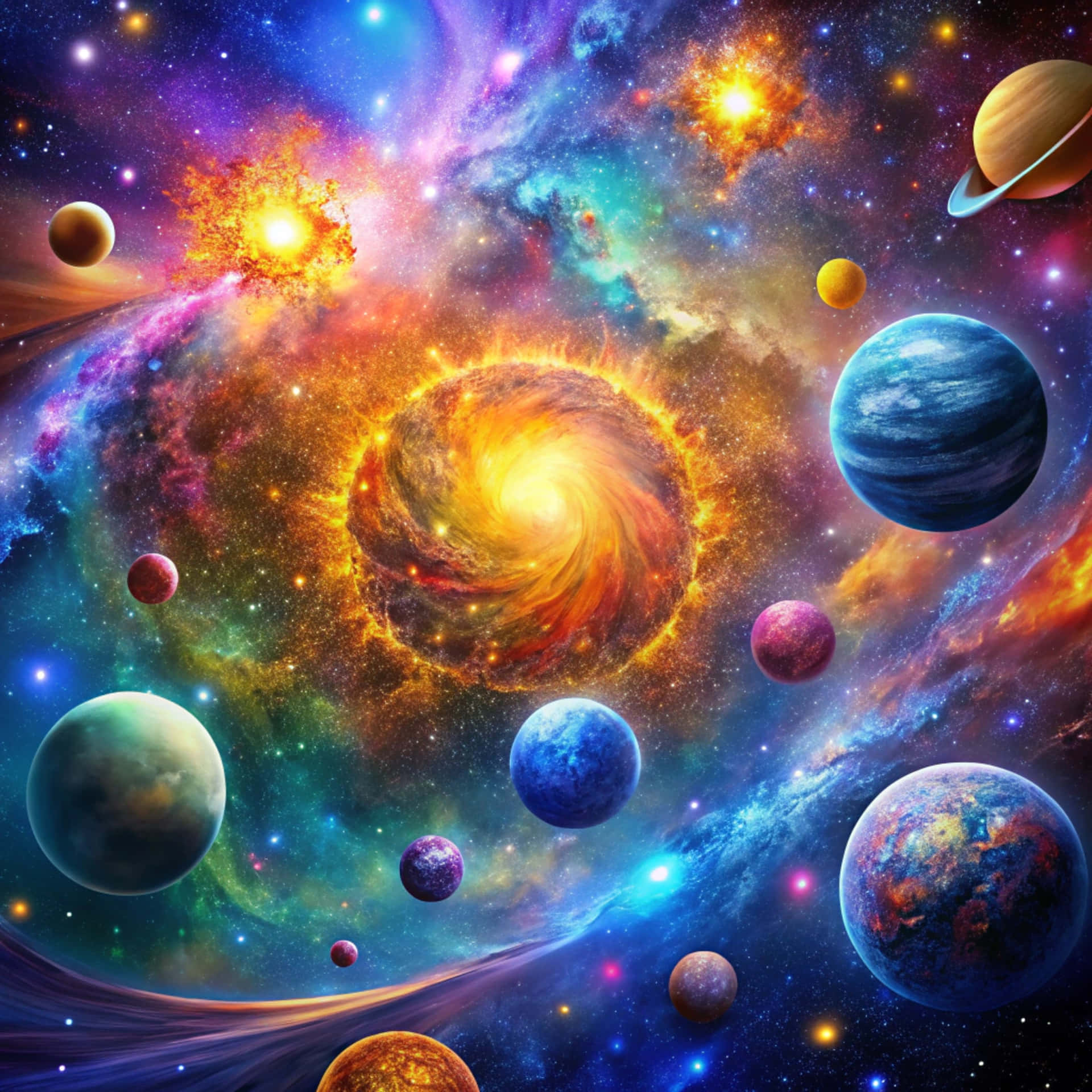 Universe space 壁紙 — 一個充滿活力的宇宙場景，橙色和藍色發光的旋轉星系，周圍環繞著多樣的行星，包括土星和類似地球的世界。