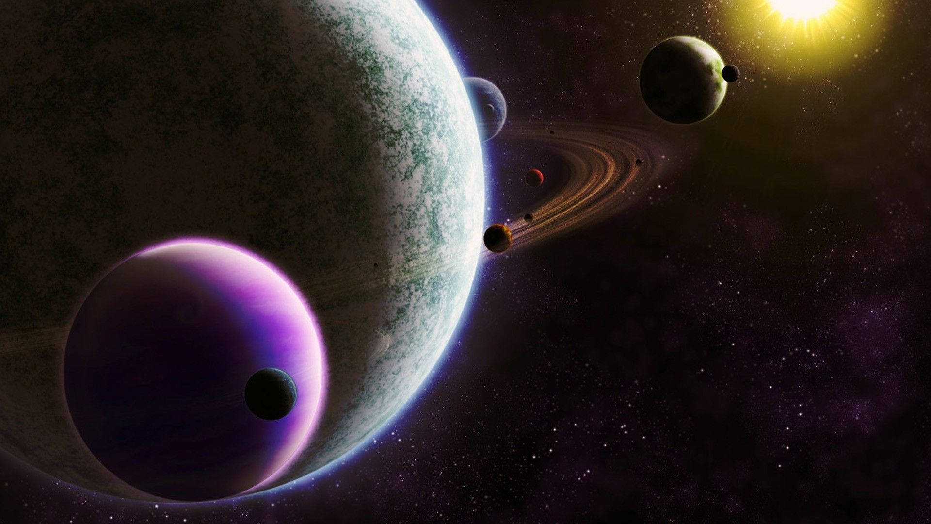 太陽系 桌布 壁紙 — 一個充滿活力的宇宙場景，發光的太陽照亮了色彩繽紛的行星和環，背景是繁星點點的紫黑色虛空。
