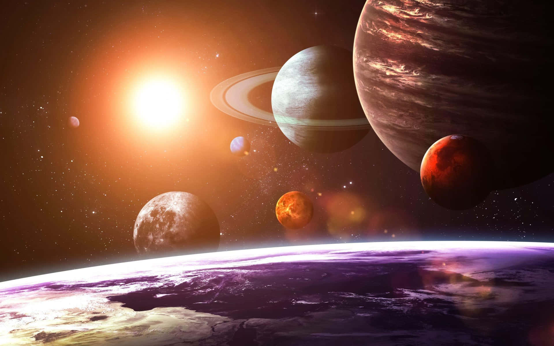 一顆發光的太陽照耀著一顆紫色的行星，其他行星和環漂浮在太空中。 — 太陽系 GIF 壁紙