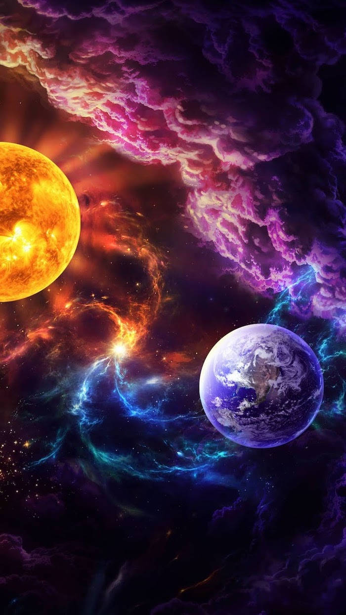 酷炫星系 桌布 壁紙 — 一個充滿活力的宇宙場景，發光的太陽和地球漂浮在旋轉的紫色、橙色和藍色星雲中。