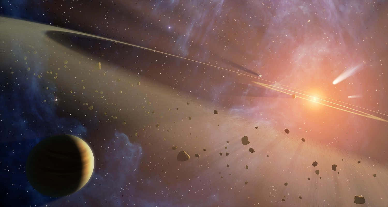 太陽系 桌布 壁紙 — 一個充滿活力的宇宙場景，發光的太陽穿過小行星帶和帶環行星，射向星雲。
