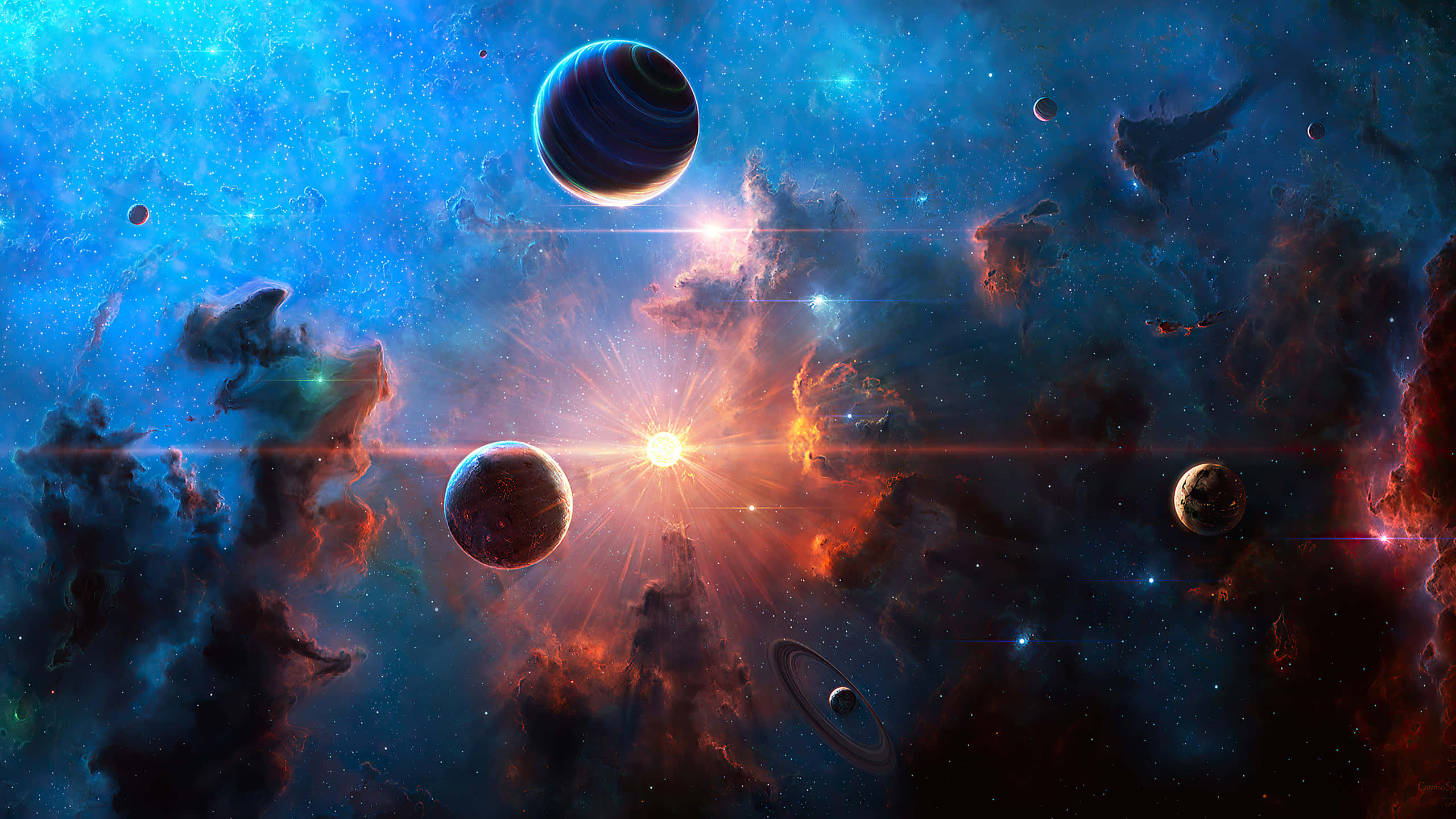 1440p Space 桌布 壁紙 — 一個充滿活力的宇宙場景，發光的星雲圍繞著一顆光芒四射的中心恆星和軌道行星旋轉。