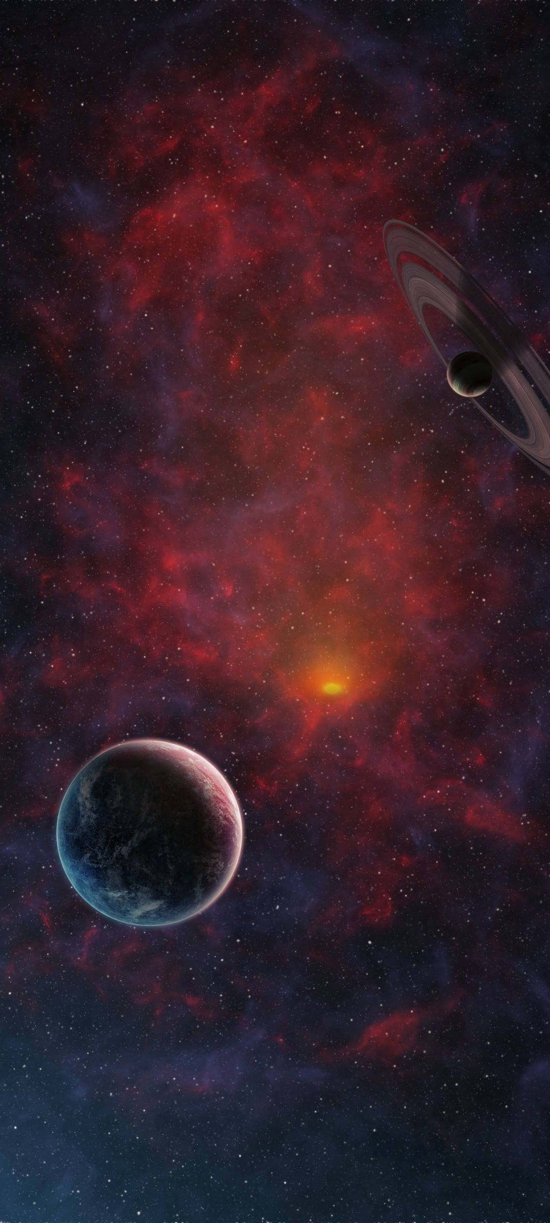 太空電話 桌布 壁紙 — 一個充滿活力的宇宙場景，發光的紅色星雲在深空中圍繞著一個行星和一個帶環的行星旋轉。