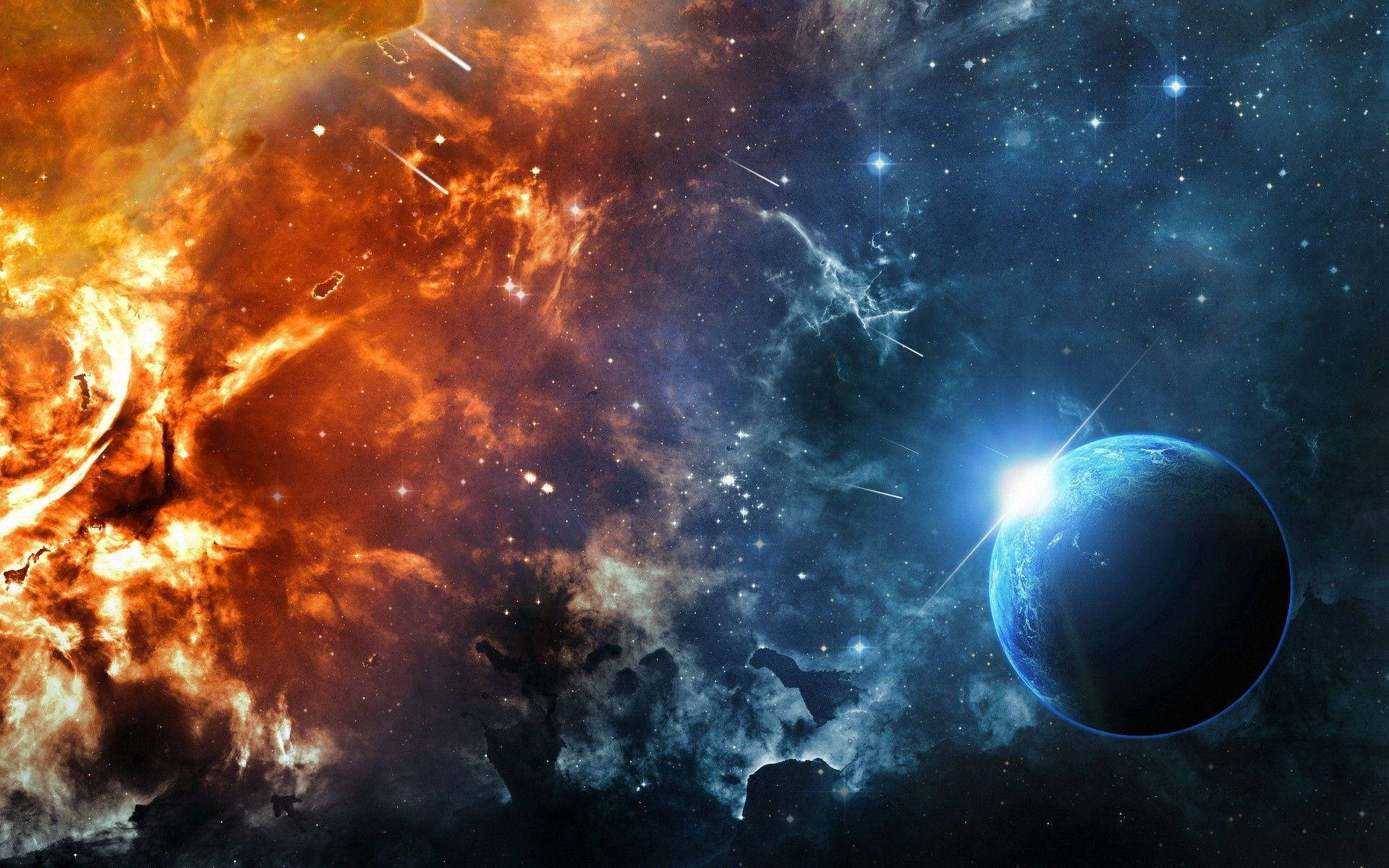 Fire And Ice 桌布 壁紙 — 一個充滿活力的宇宙場景，發光的藍色行星和熾熱的橙色星雲在星空背景下。