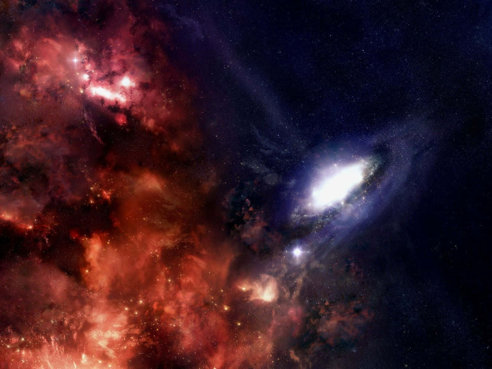 Galaxy Stars 桌布 壁紙 — 一個充滿活力的宇宙場景，發光的螺旋星系和火紅的星雲點綴在繁星點點的黑暗虛空中。