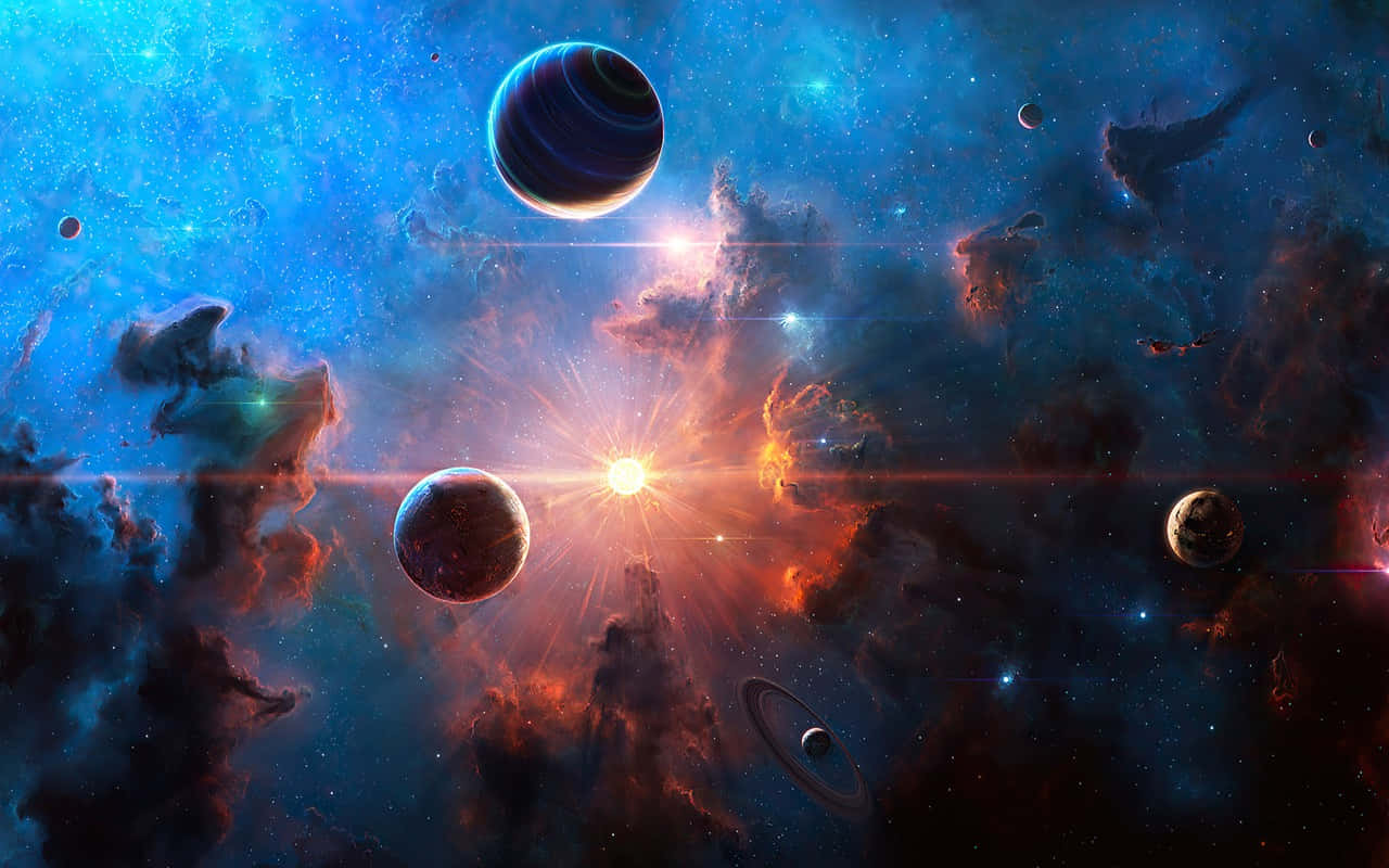 Astrophysics 桌布 壁紙 — 一個充滿活力的宇宙場景，發光的行星和旋轉的星雲被一顆光芒四射的中心恆星照亮。