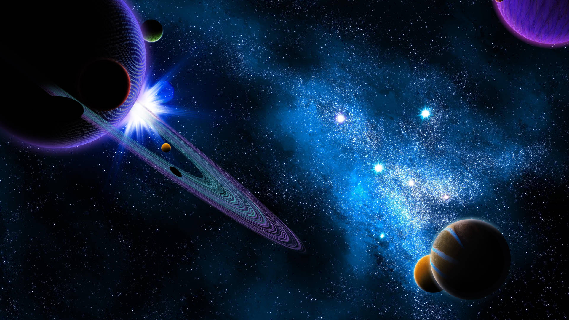 宇宙藍色星雲中充滿活力的行星和恆星。 — 外太空 GIF 壁紙