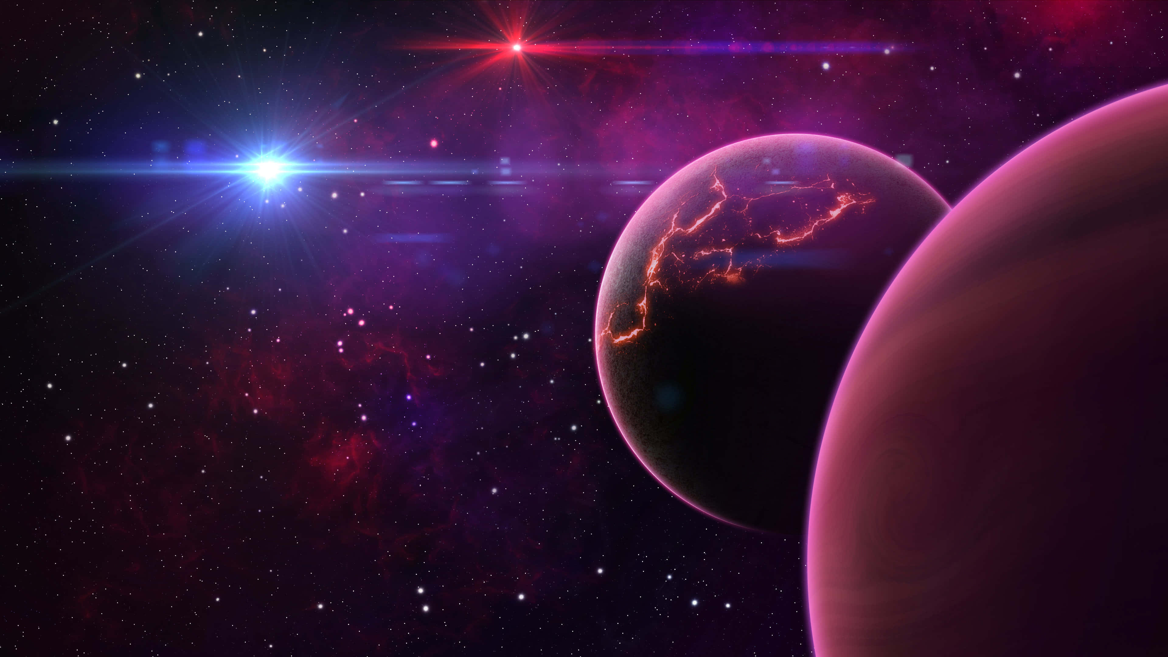 桌布 壁紙 — 一個充滿活力的宇宙場景，發光的行星和恆星映襯著深紫色的星雲。