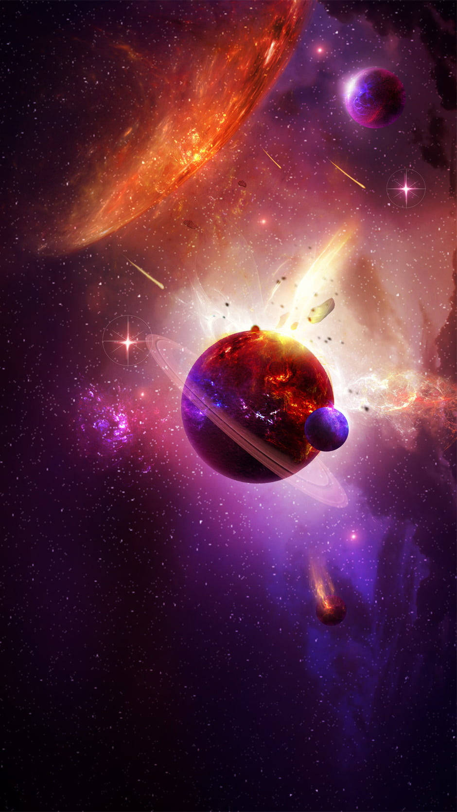 銀河 iPhone 桌布 壁紙 — 一個充滿活力的宇宙場景，發光的行星、星雲和流星在深紫色和火橙色的太空中旋轉。