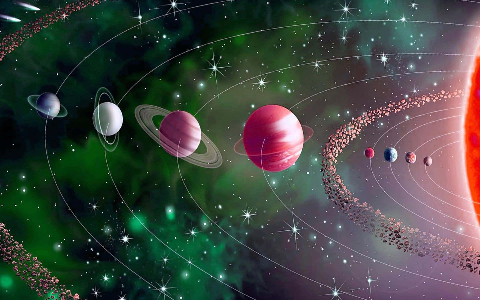 astrology 桌布 壁紙 — 一個充滿活力的宇宙場景，色彩繽紛的行星圍繞著發光的太陽運行，背景是繁星點點的綠色星雲。