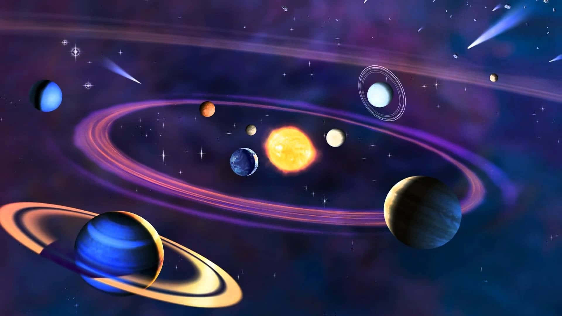 太陽系 桌布 壁紙 — 一個充滿活力的宇宙場景，色彩繽紛的行星圍繞著發光的太陽運行，背景是星光點點的紫色和藍色星雲。