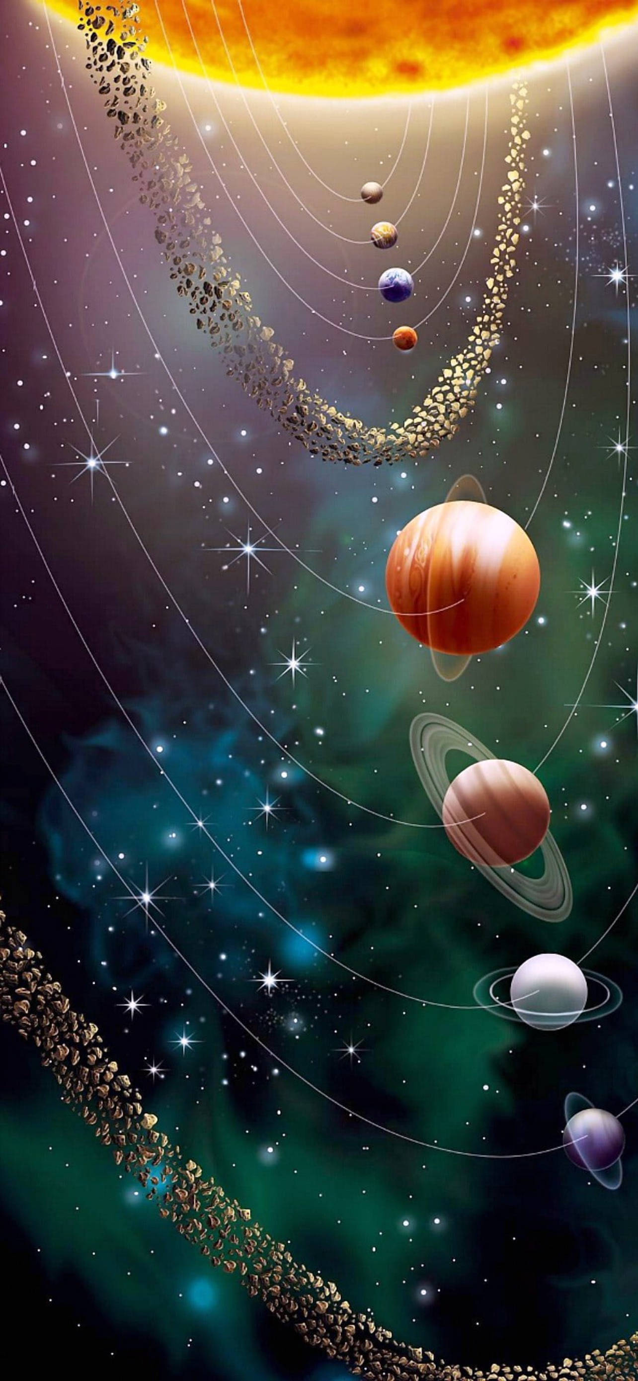 Cosmos 桌布 壁紙 — 一個充滿活力的宇宙場景，行星圍繞著發光的太陽運行，周圍環繞著旋轉的星雲和閃爍的星星。