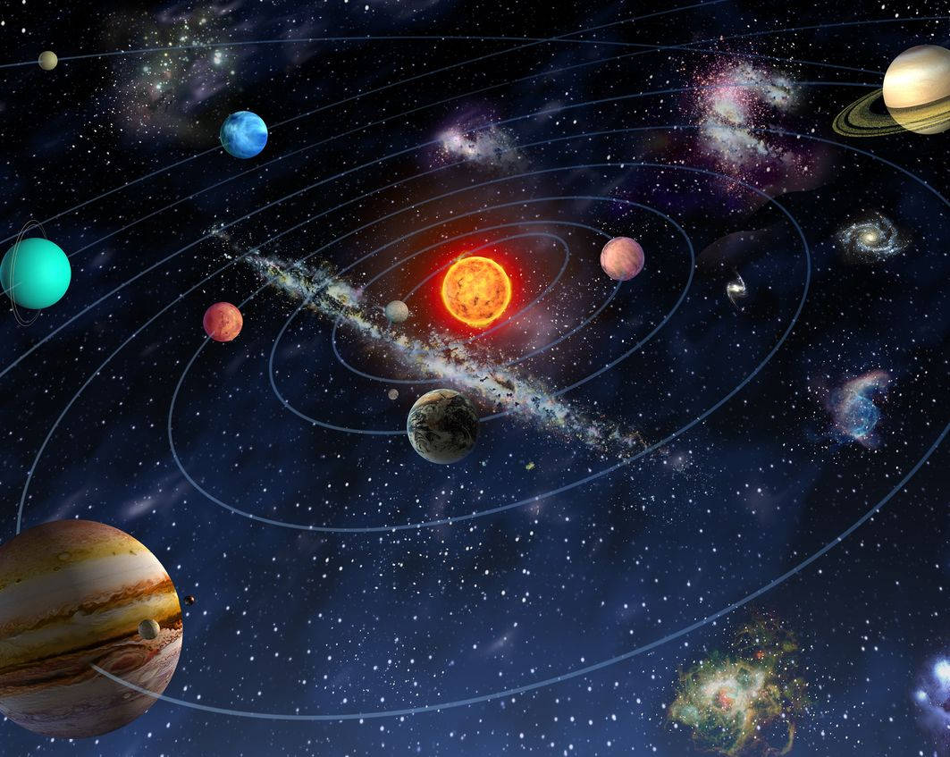 太陽系 桌布 壁紙 — 一個充滿活力的宇宙場景，行星圍繞著發光的太陽運行，背景是星空、星雲和星系。