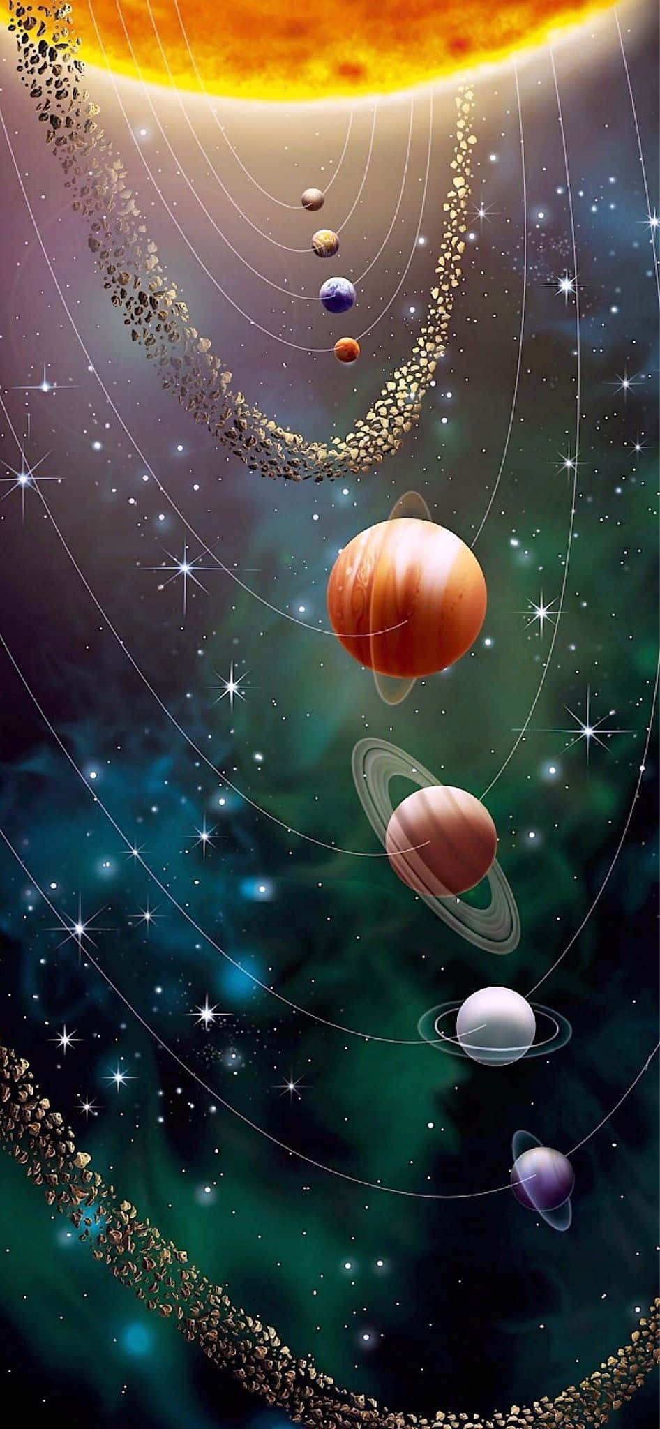 手機 桌布 壁紙 — 一個充滿活力的宇宙場景，行星圍繞著發光的太陽運行，周圍環繞著旋轉的星雲和閃爍的星星。