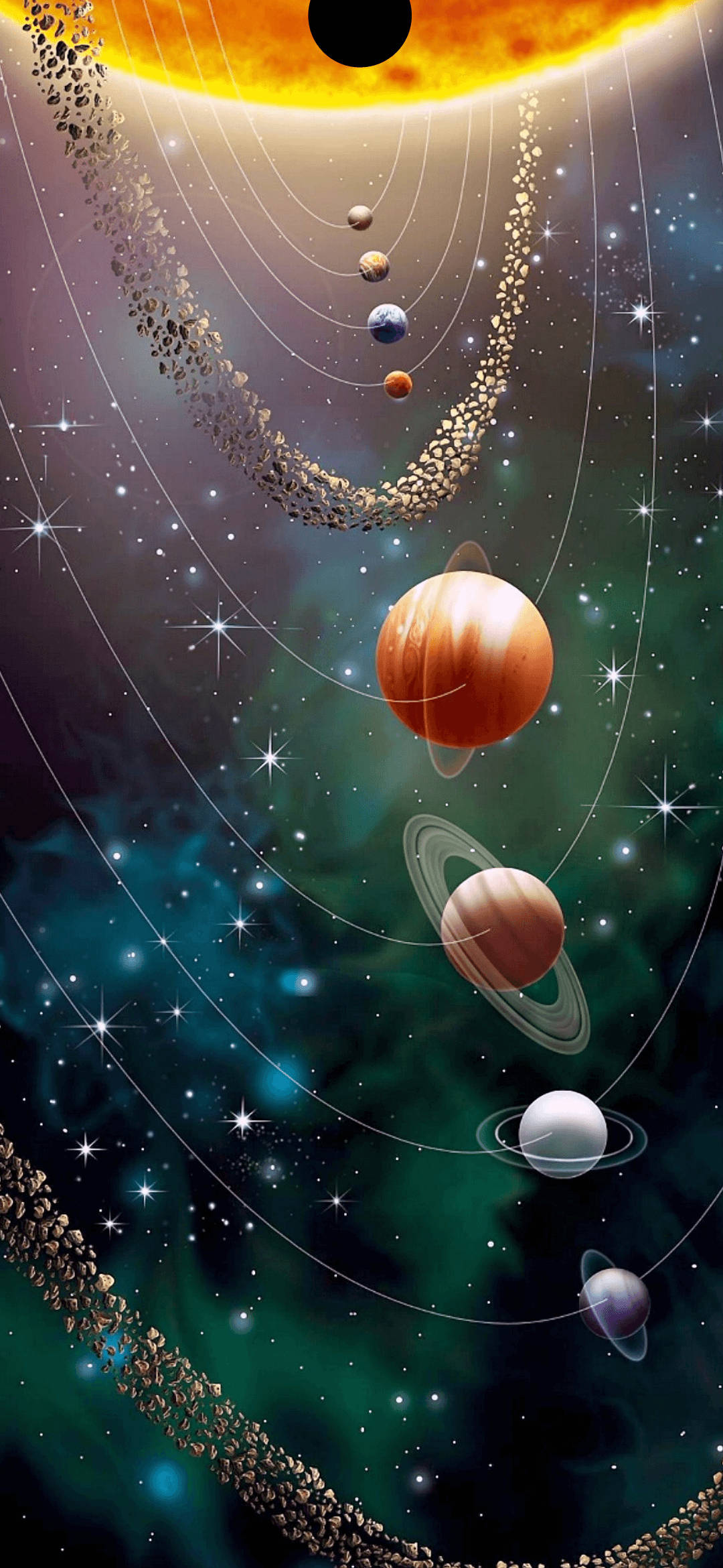 行星和小行星在繁星點點的宇宙場景中圍繞著明亮的太陽運行。 — 科學 GIF 壁紙