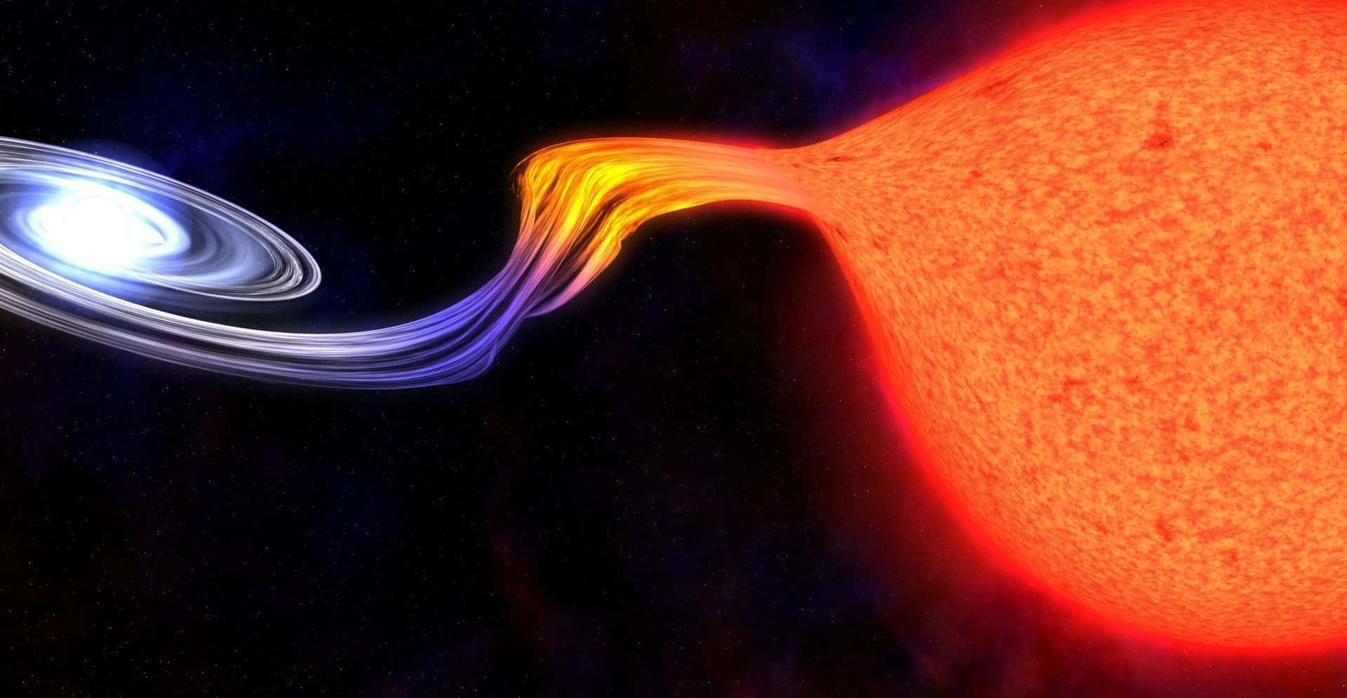 Black Hole Sun 桌布 壁紙 — 一個充滿活力的宇宙場景顯示一顆發光的紅色恆星向一個圍繞明亮中心天體旋轉的藍色吸積盤噴射出一股熾熱的流。