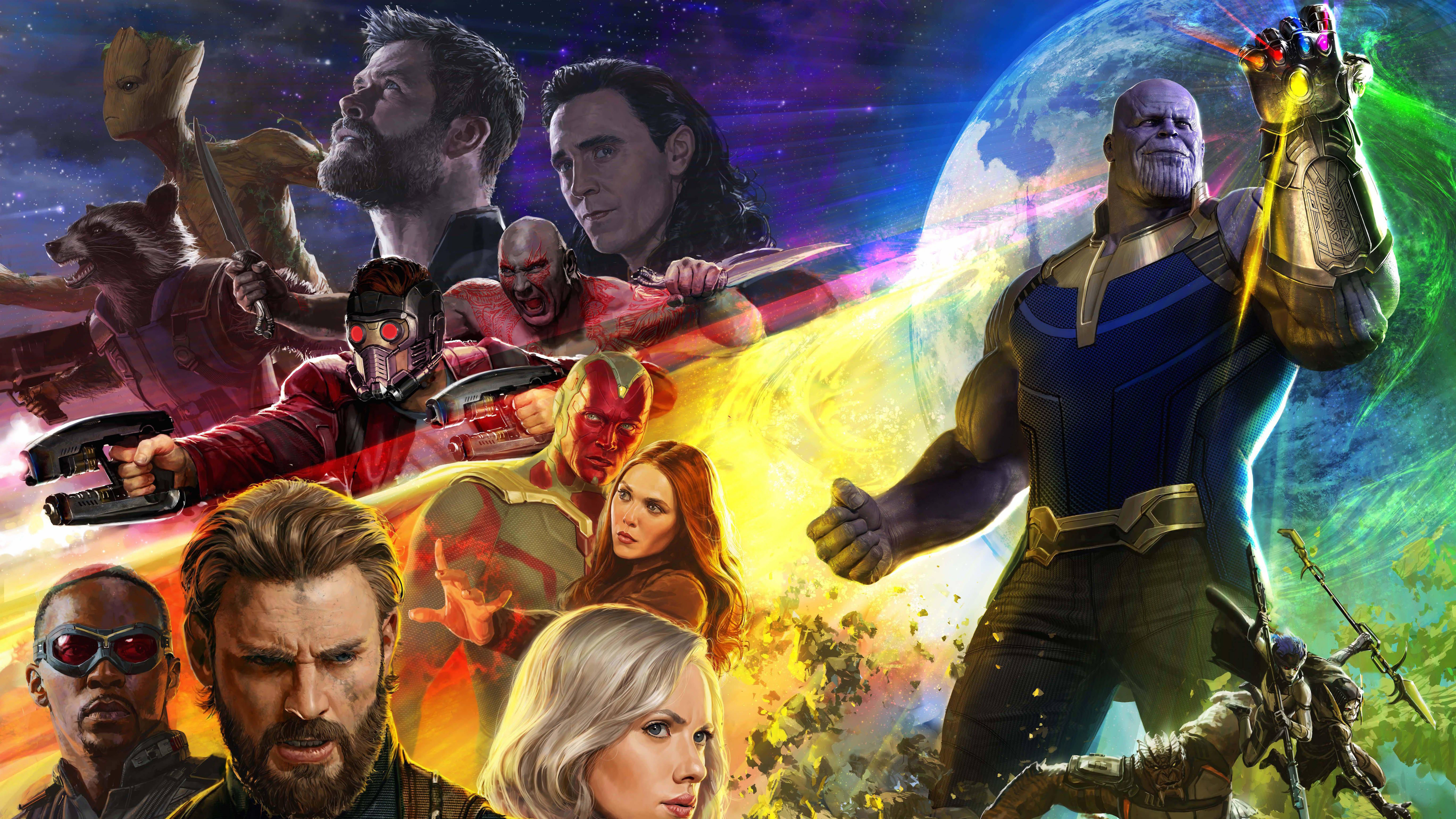 Avengers Desktop 桌布 壁紙 — 一個充滿活力的宇宙戰鬥場景， featuring Marvel 超級英雄和反派，背景是繁星點點的星雲和一顆發光的行星。