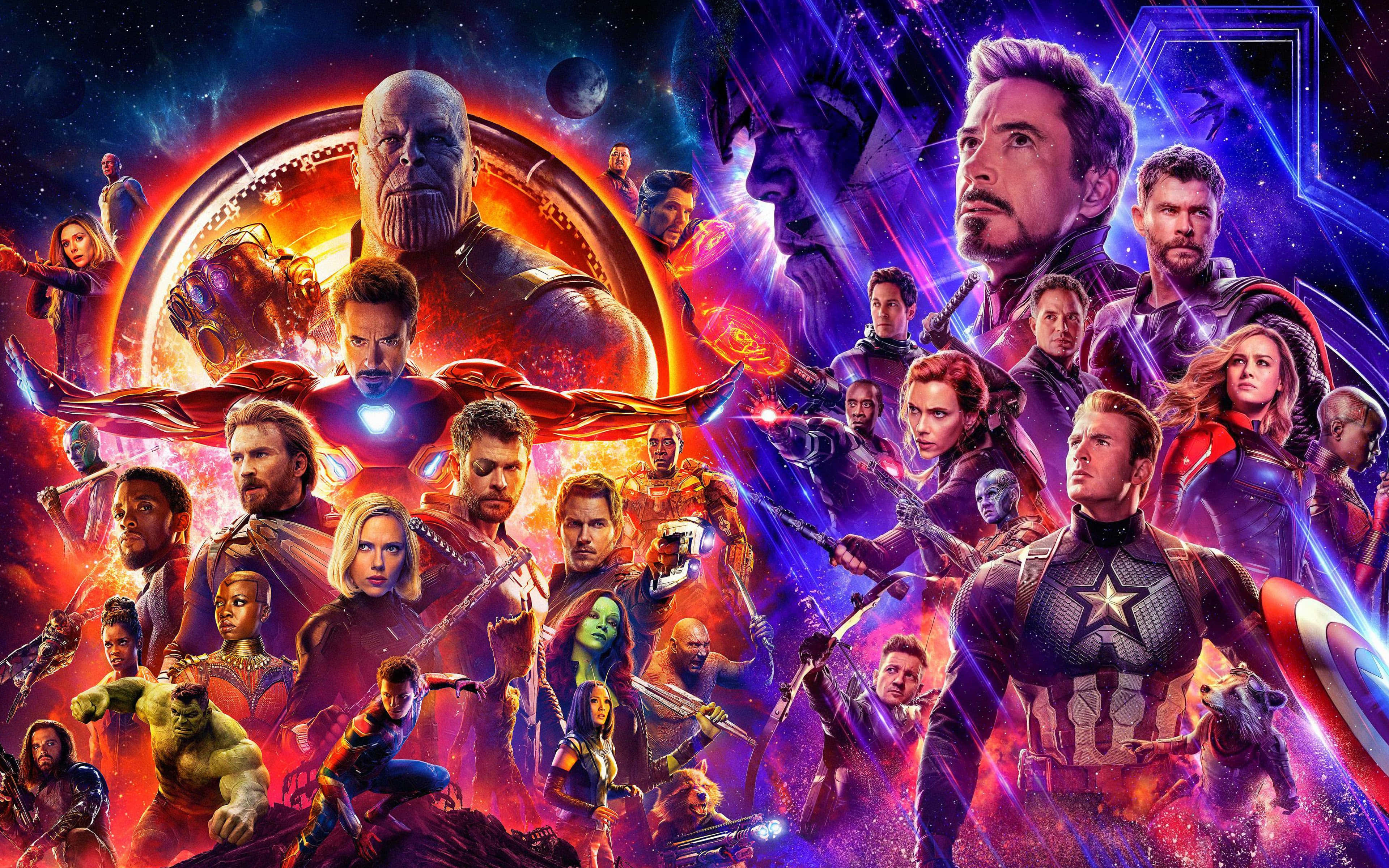 Avengers Movie 桌布 壁紙 — 一個充滿活力的宇宙戰鬥場景，以復仇者聯盟的英雄和反派為特色，背景是繁星點點的星雲。