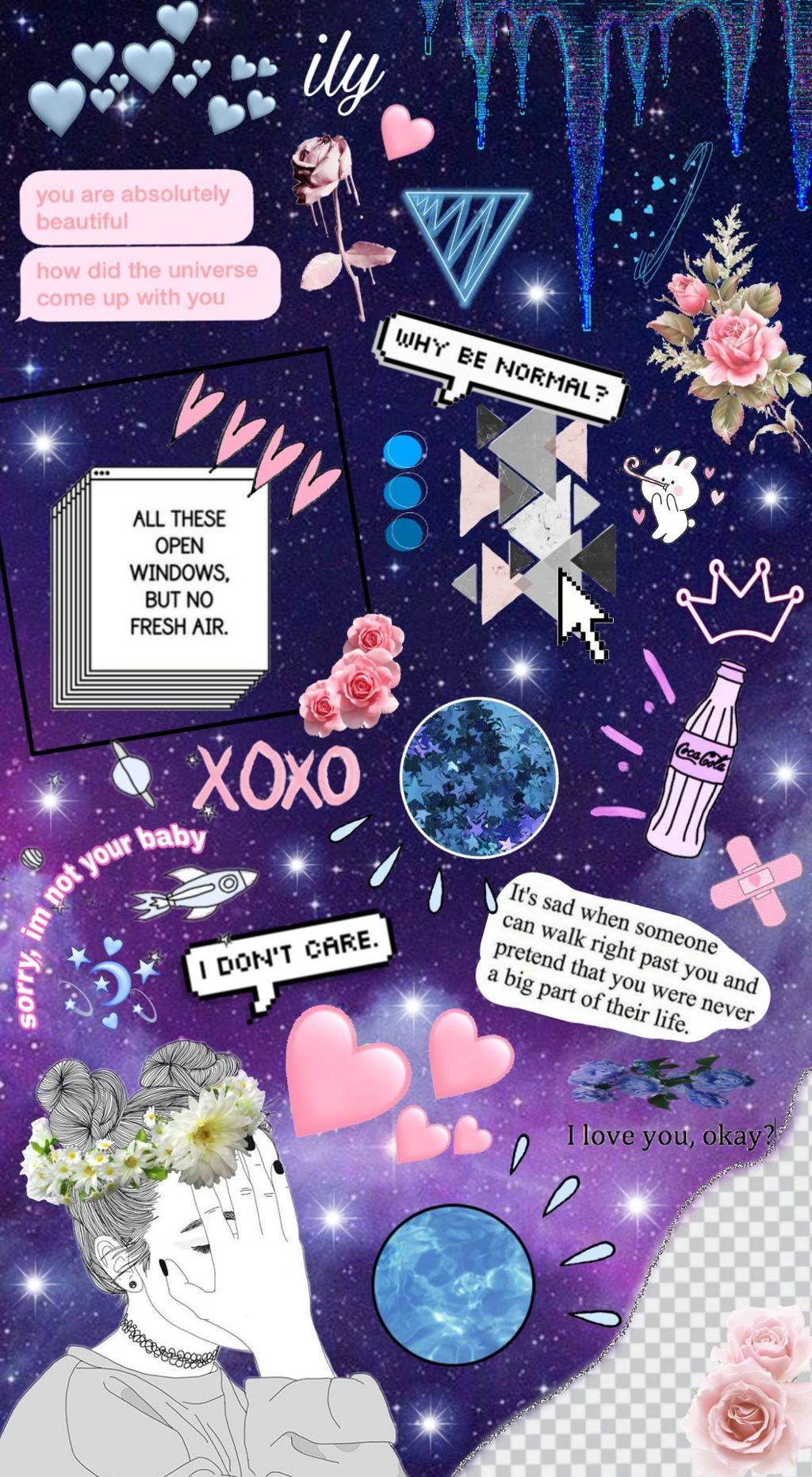Picsart 桌布 壁紙 — 一個充滿活力的宇宙拼貼，包含一個灰階女孩、心形、玫瑰和文字氣泡，背景是繁星點點的紫色。