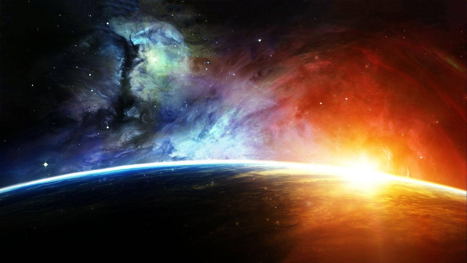 Stars 桌布 壁紙 — 一個充滿活力的宇宙日出，在行星彎曲的地平線上，有藍色、綠色和火紅色的旋轉星雲。