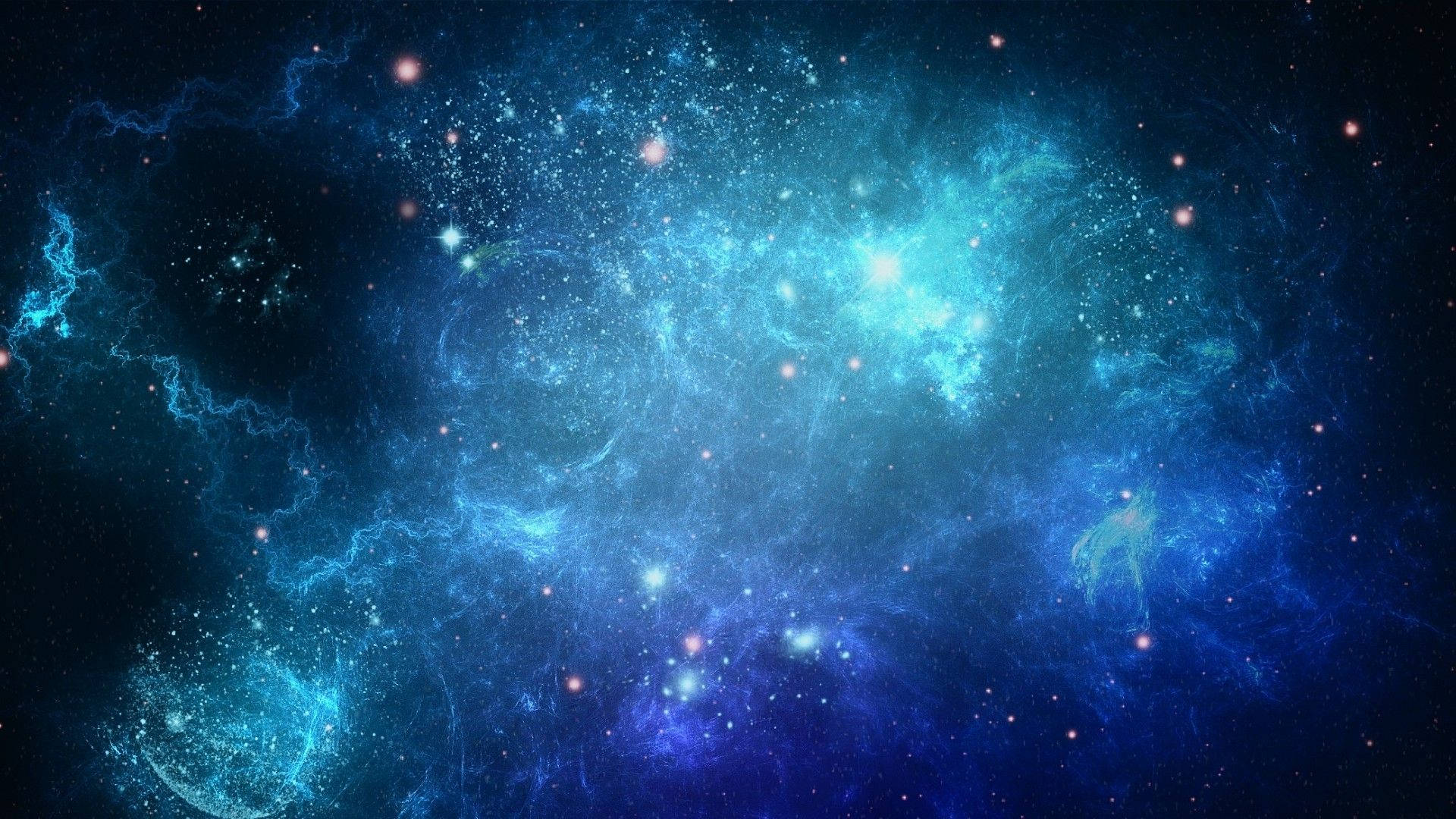 銀河 桌布 壁紙 — 一個充滿活力的宇宙星雲，以電光藍和深靛藍色調旋轉，點綴著發光的星星，映襯著黑暗的虛空。