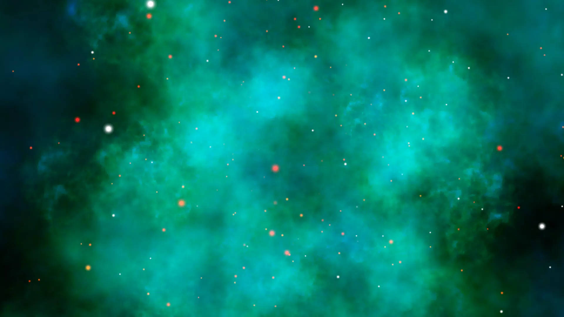 銀河 桌布 壁紙 — 一個充滿活力的宇宙星雲，以青色和翠綠色調旋轉，點綴著白色和橙色的閃爍星星。
