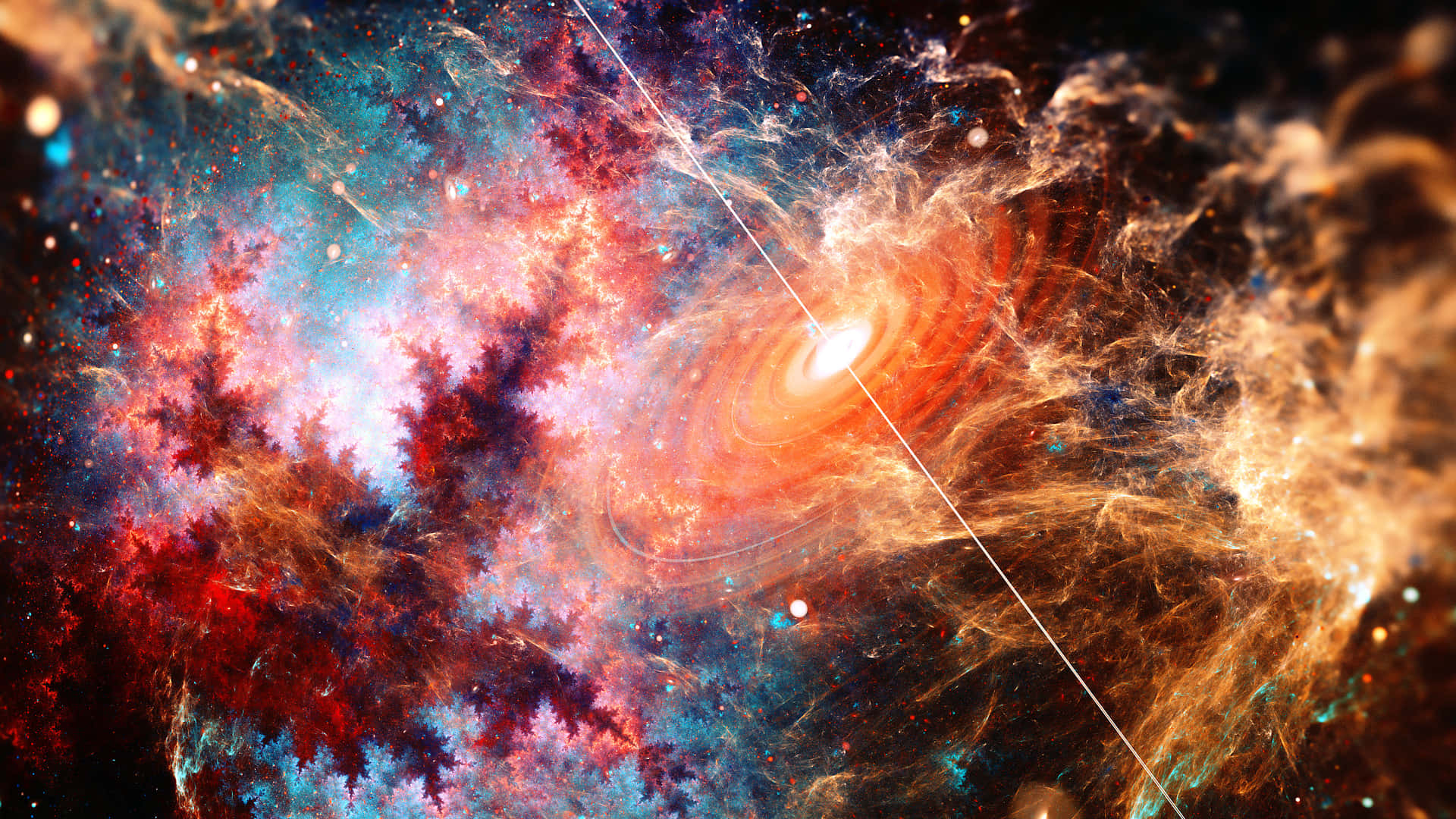 Cosmic Rays 桌布 壁紙 — 一個充滿活力的宇宙星雲，圍繞著發光的銀河核心，旋轉著火紅、橙色和冷藍色。