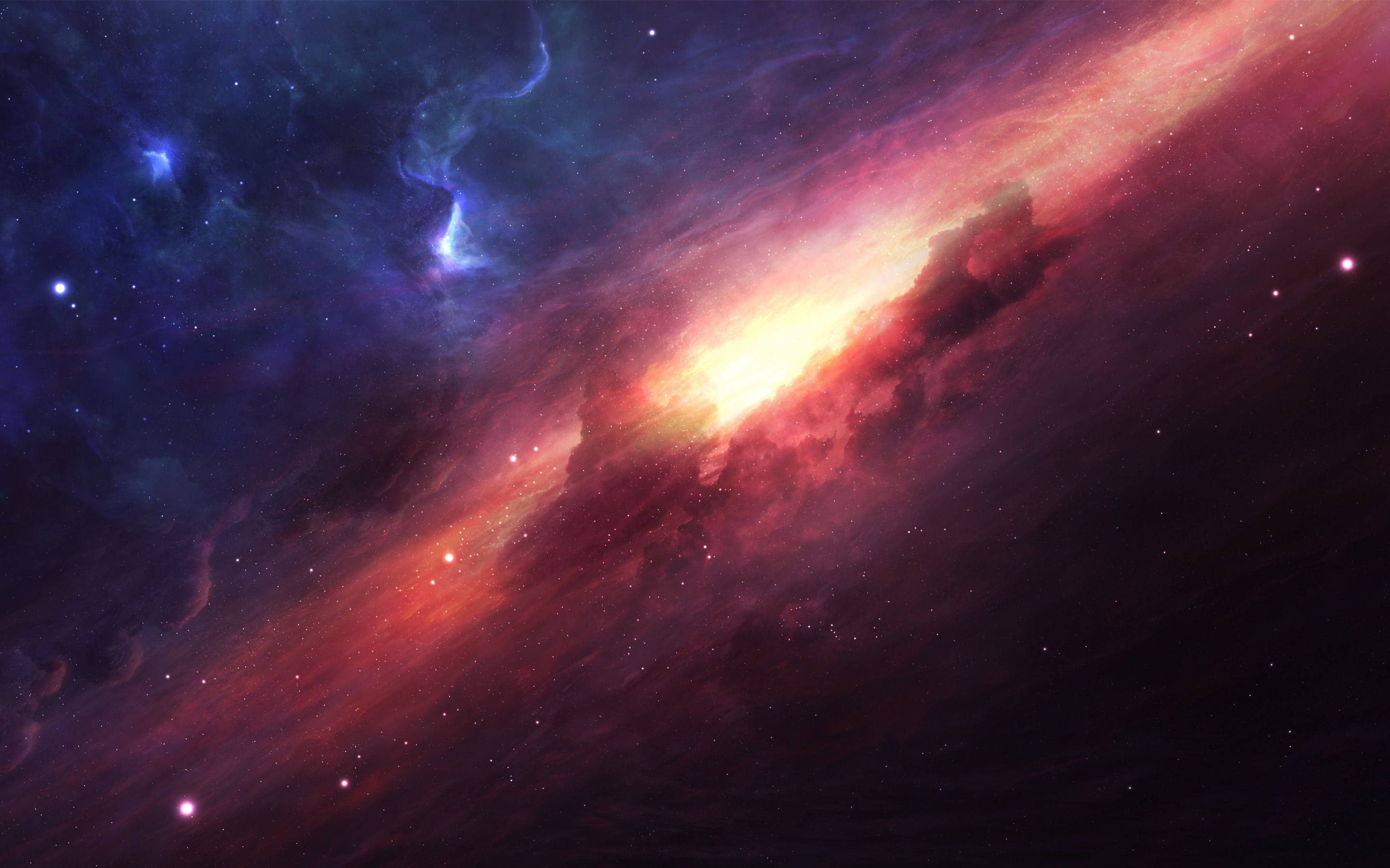 宇宙 桌布 壁紙 — 一個充滿活力的宇宙星雲，在佈滿星星的虛空中旋轉著火紅和深藍色。