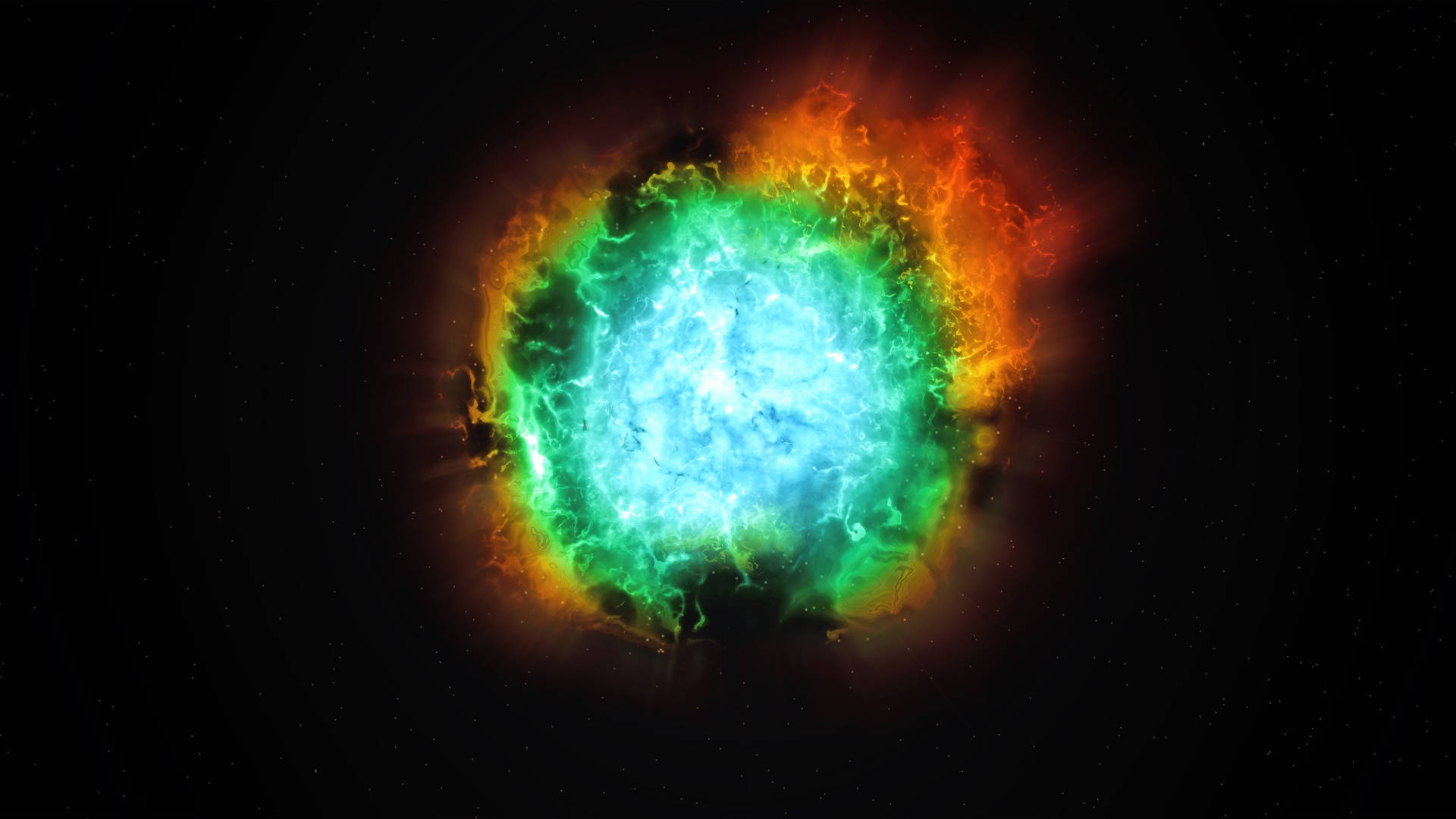 宇宙美學 桌布 壁紙 — 一個充滿活力的宇宙星雲，在佈滿星星的黑色虛空中，脈動著電光藍和火熱橙。