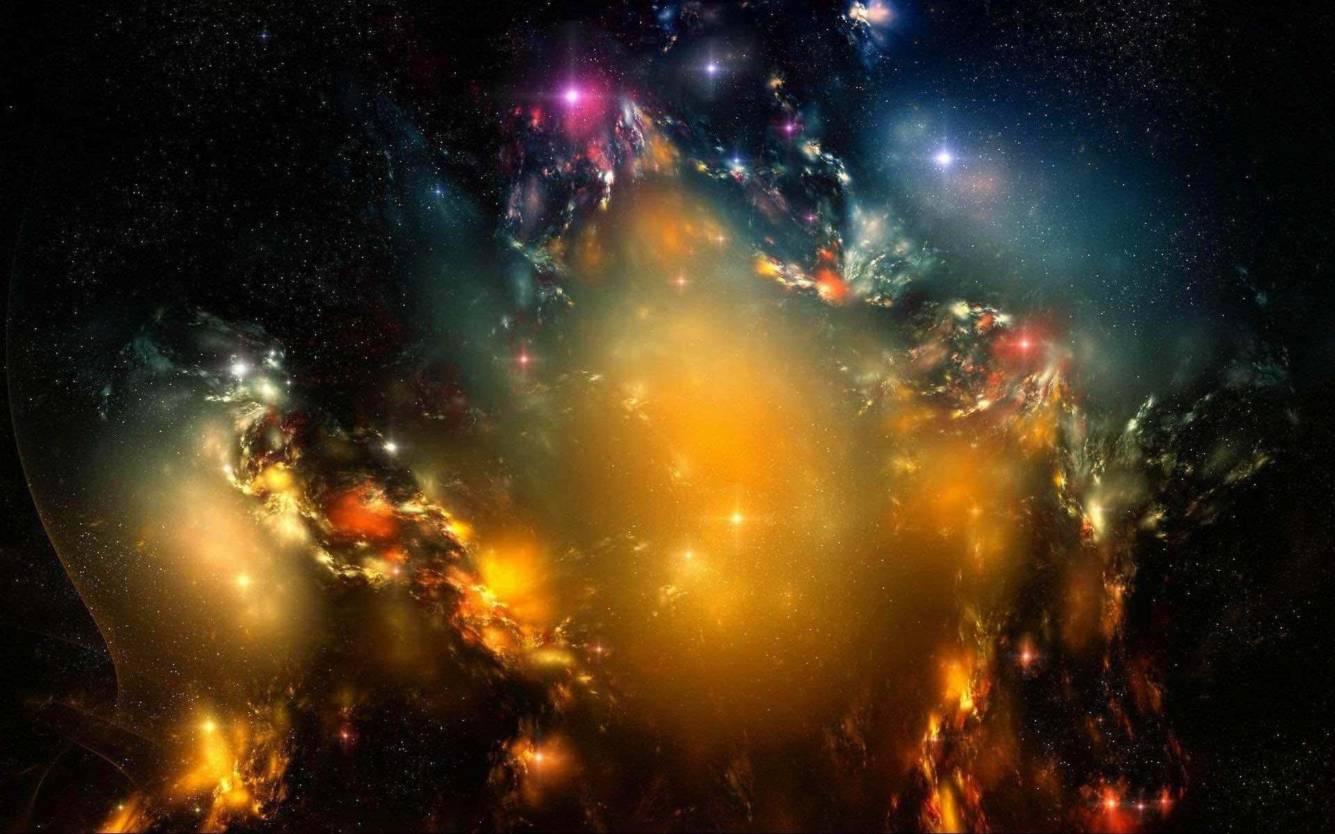 銀河 桌布 壁紙 — 一個充滿活力的宇宙星雲，在佈滿星星的黑色虛空中，旋轉著火熱的橙色和冷藍色。