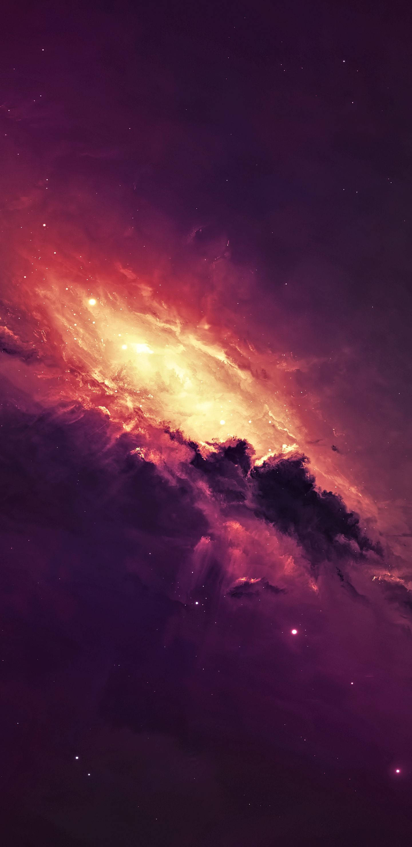 外太空 桌布 壁紙 — 一個充滿活力的宇宙星雲，在佈滿星星的虛空中，旋轉著火熱的橙色和深紫色色調。