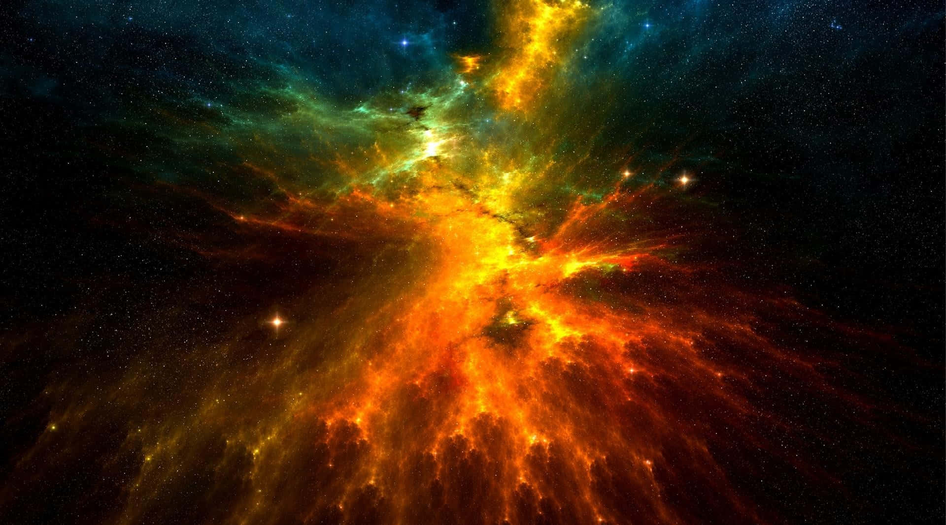 Colorful Space 桌布 壁紙 — 一個充滿活力的宇宙星雲，在佈滿星辰的黑色虛空中，爆發著火熱的橙色和電光藍綠色。