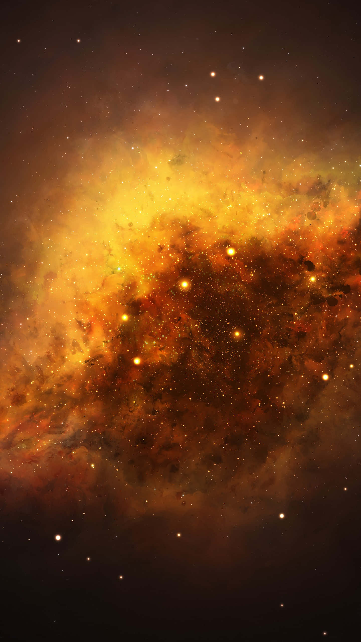 Yellow Galaxy 桌布 壁紙 — 一個充滿活力的宇宙星雲，在佈滿星星的黑暗虛空中，以火熱的橙色和金色色調旋轉。