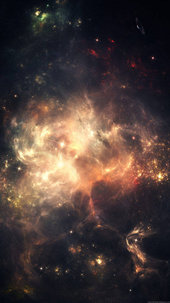 太空 iPhone 桌布 壁紙 — 一個充滿活力的宇宙星雲，在佈滿星辰的黑色虛空中，翻騰著火橙色和金色的氣體。