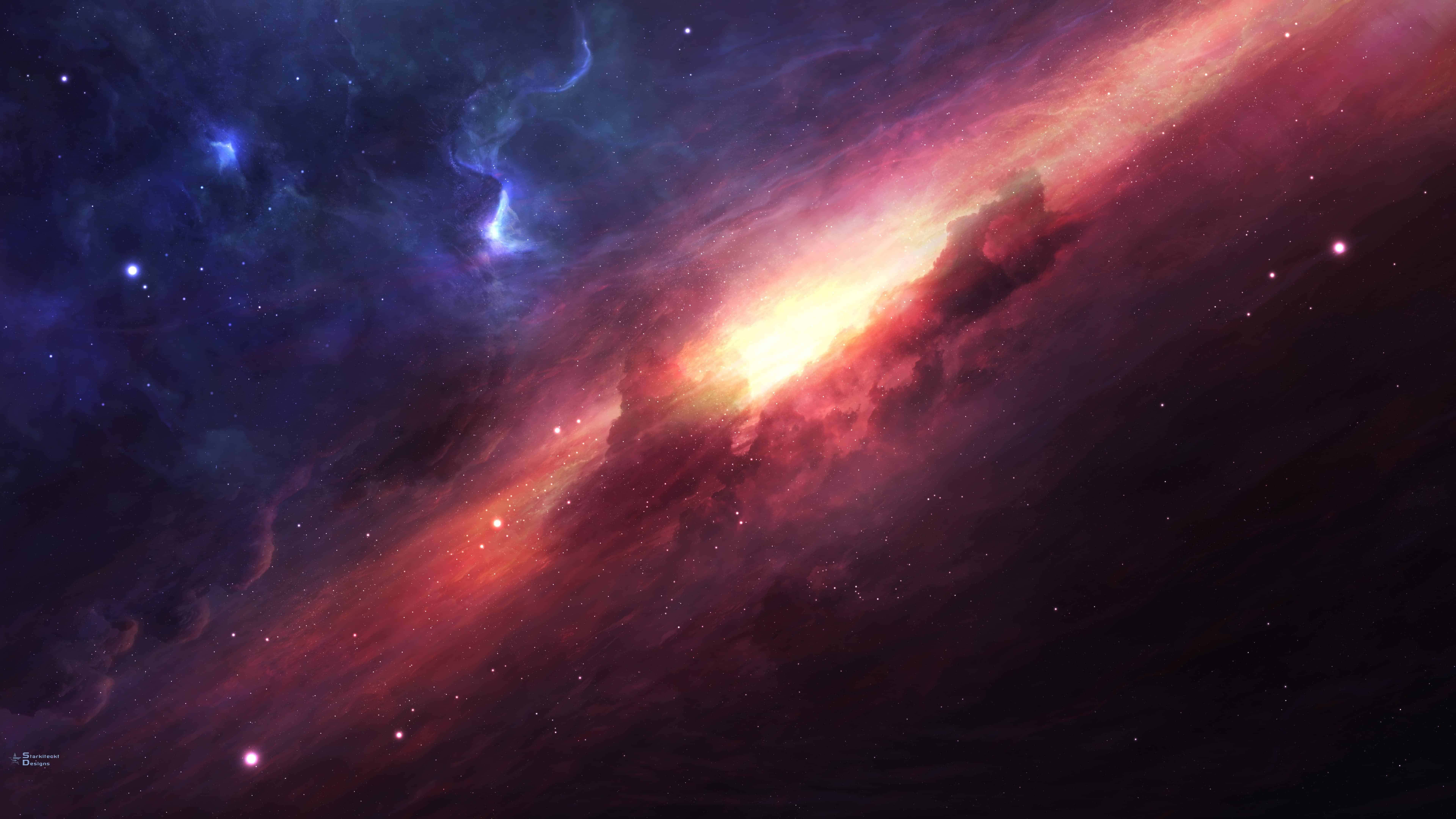 桌布 壁紙 — 一個充滿活力的宇宙星雲，在佈滿星星的虛空中，旋轉著火紅和深藍的色彩。
