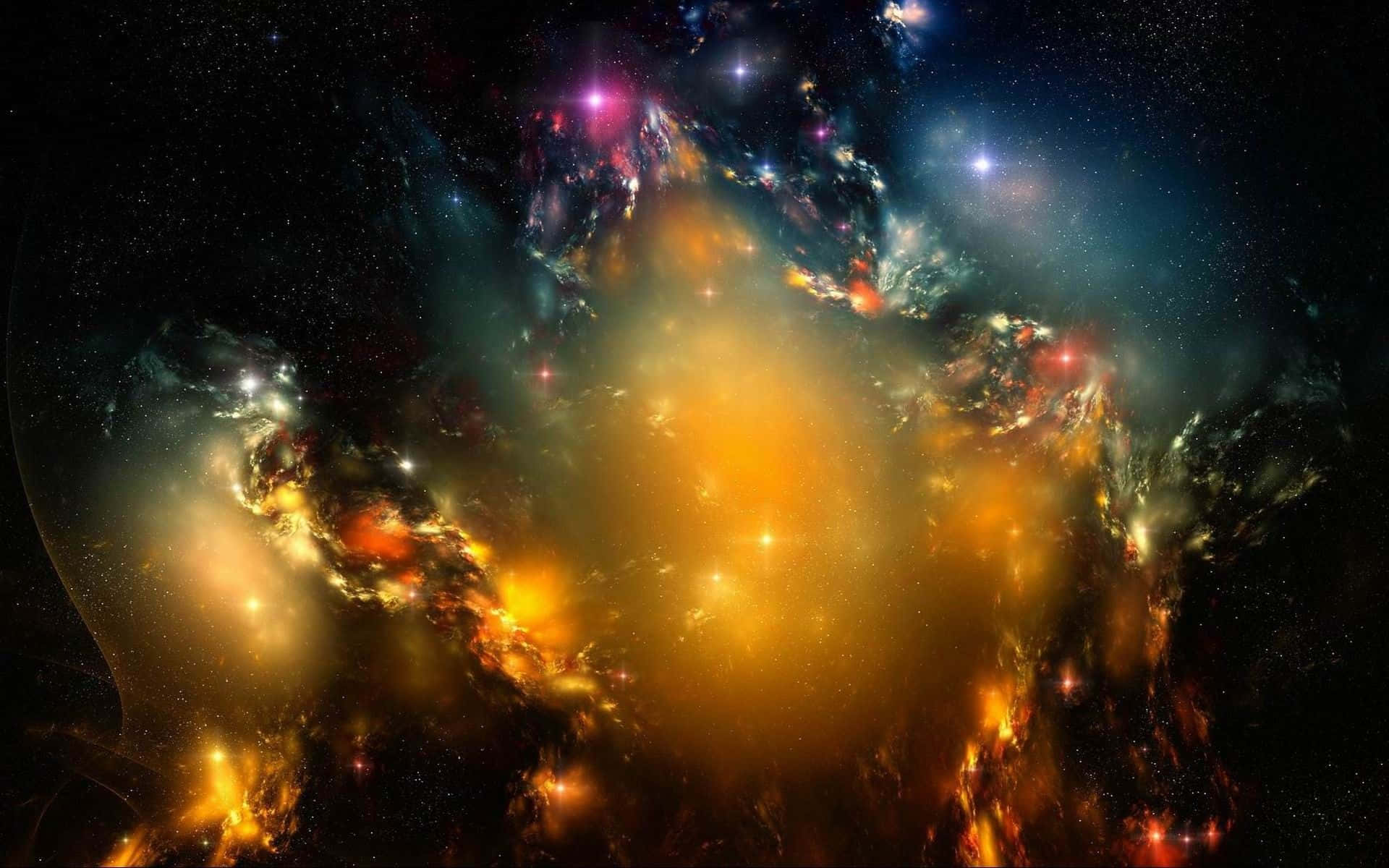 Black Galaxy 桌布 壁紙 — 一個充滿活力的宇宙星雲，在佈滿星辰的黑色虛空中，旋轉著火熱的橙色和深紫色。