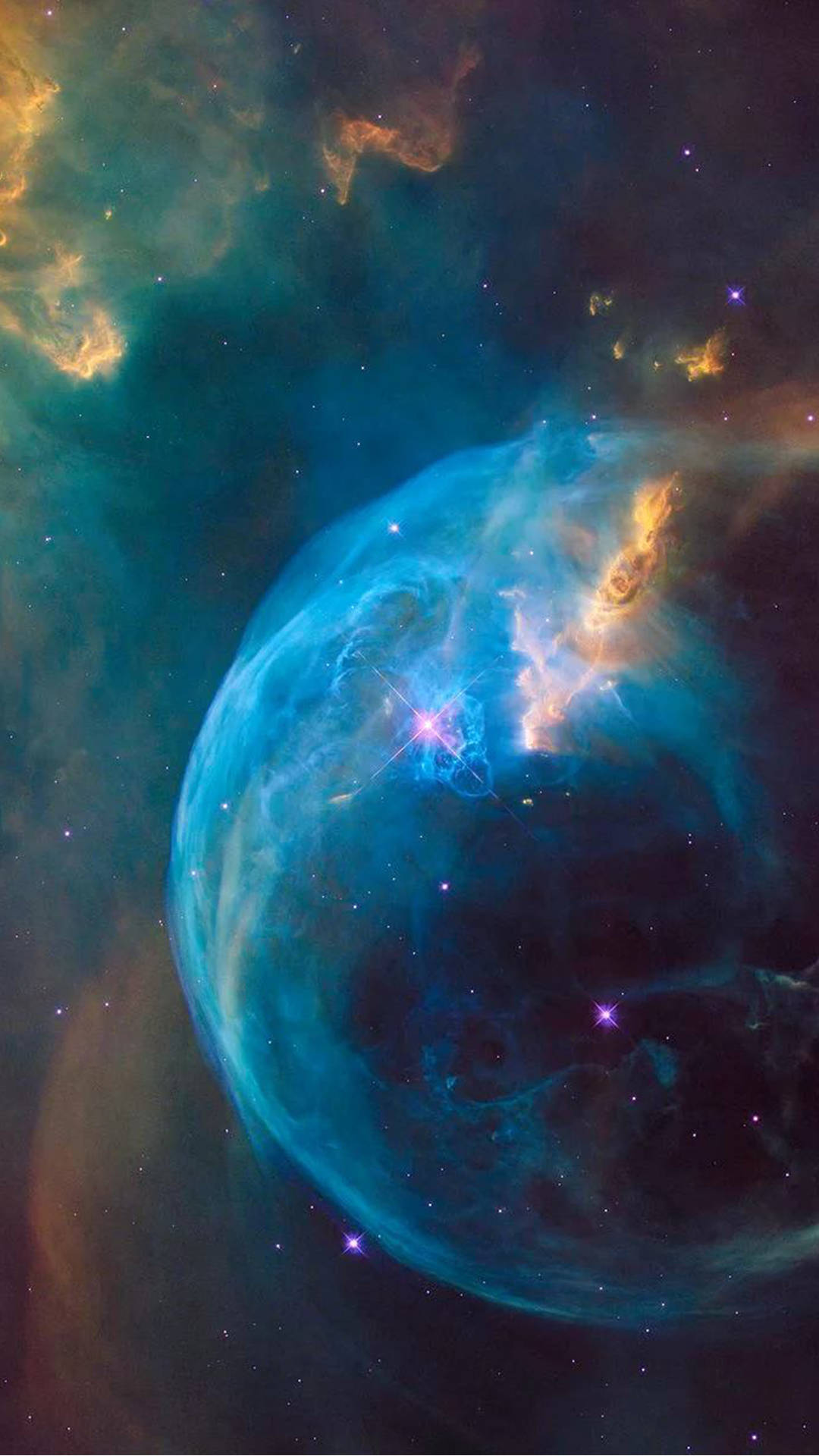 在深空中發光的藍色和橙色星雲，伴有星星。 — 星雲 GIF 壁紙
