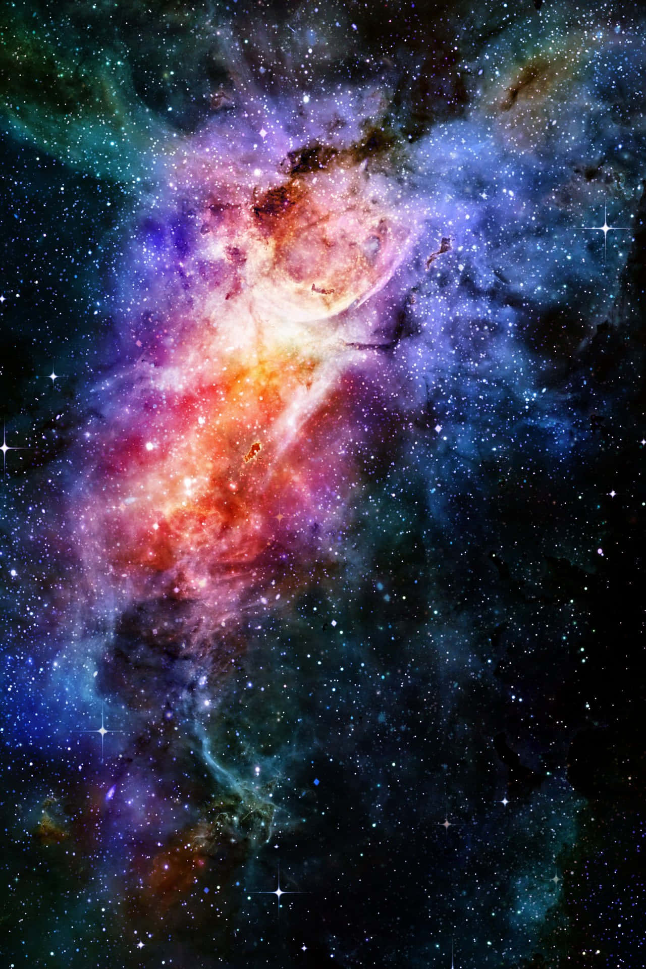 主畫面 桌布 壁紙 — 一個充滿活力的宇宙星雲，在佈滿星辰的黑色虛空中，以火紅和電光藍色旋轉。