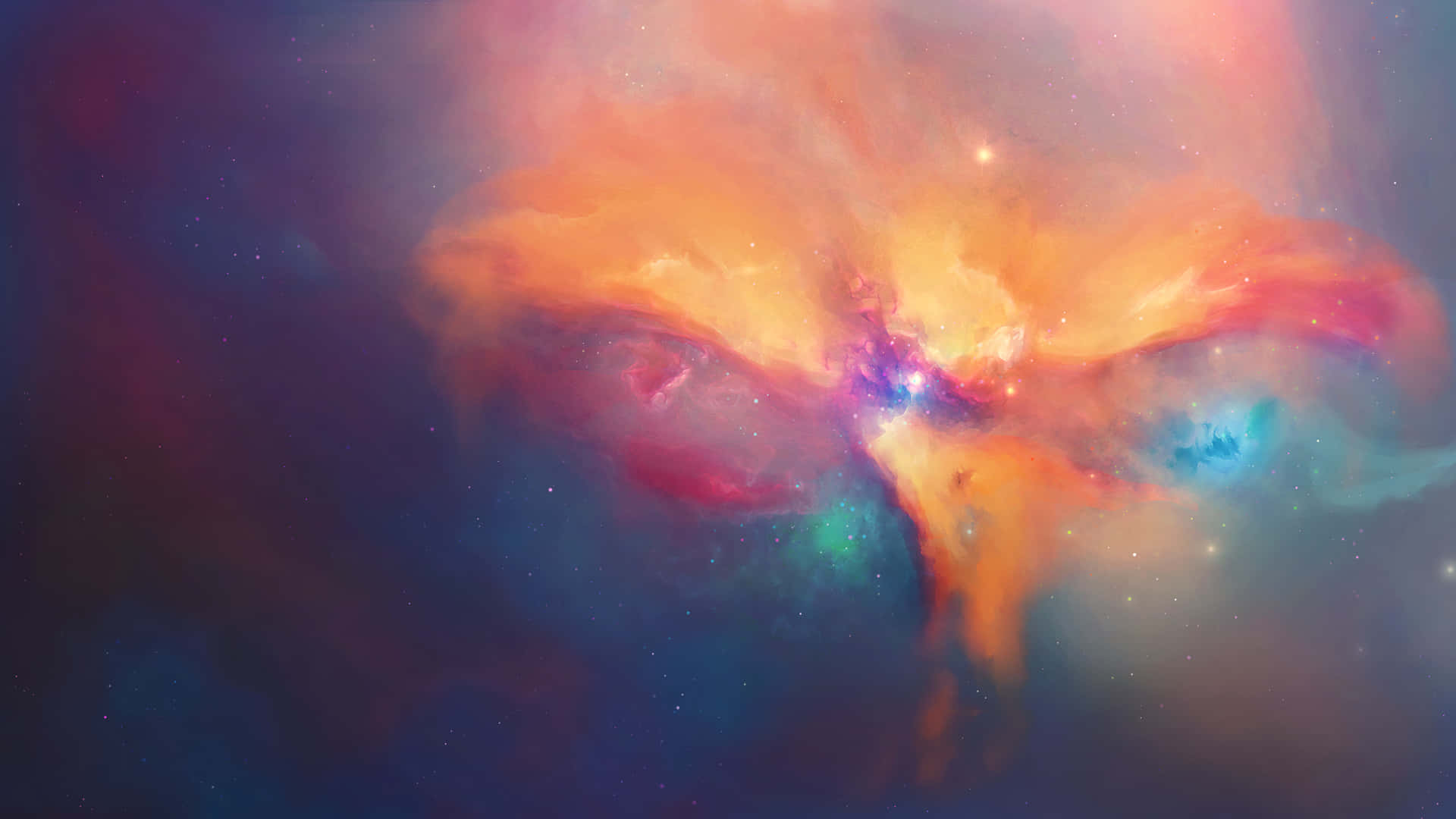 Cosmic 桌布 壁紙 — 一個充滿活力的宇宙星雲，在佈滿星星的虛空中，旋轉著火熱的橙色和深藍色雲團。