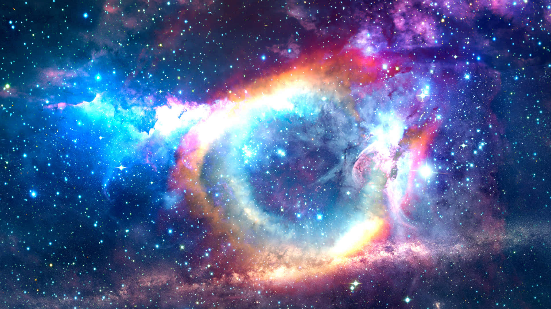 太空 桌布 壁紙 — 一個充滿活力的宇宙星雲，在星空中旋轉著電藍色、粉紅色和金色。