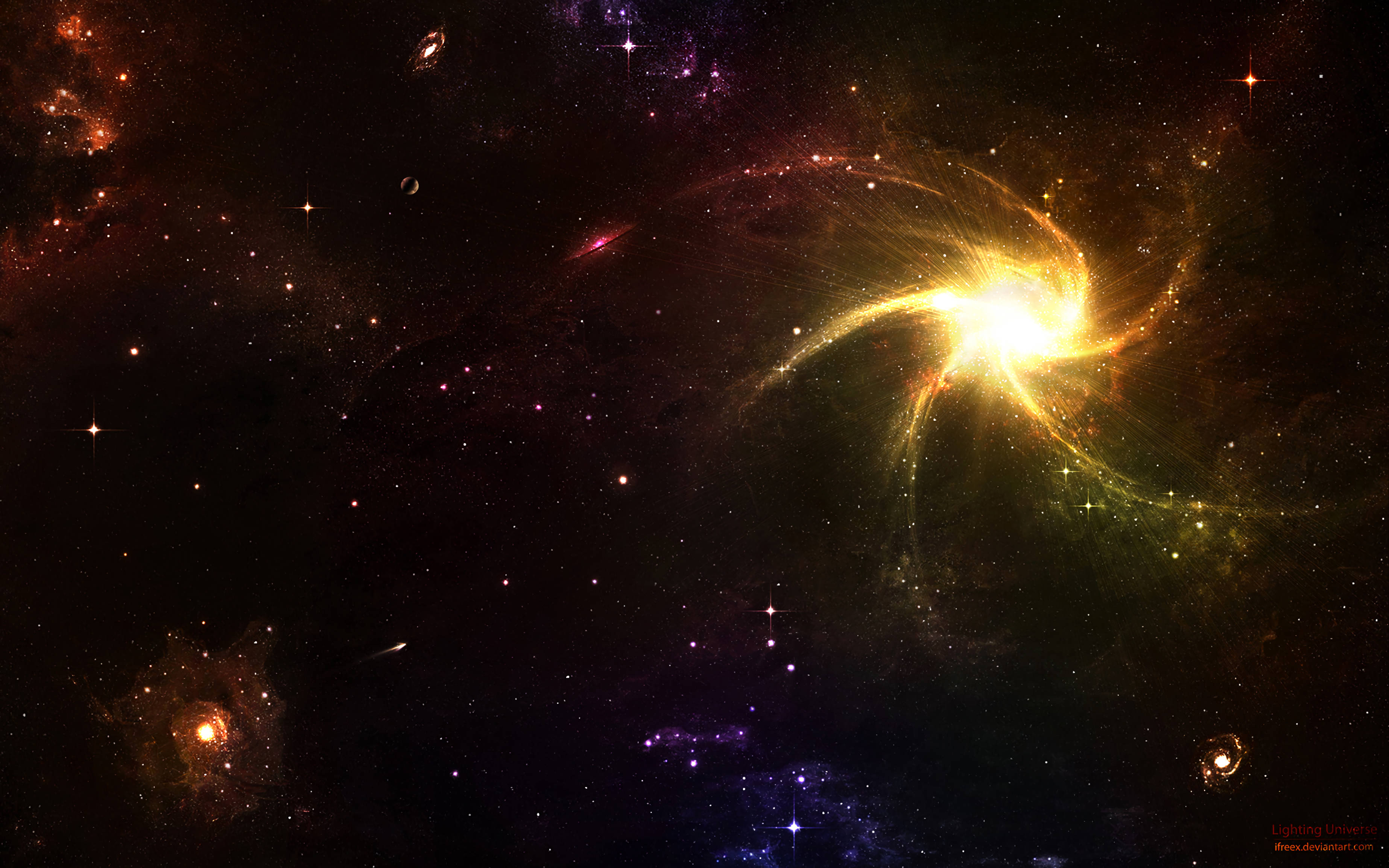 外太空 桌布 壁紙 — 一個充滿活力的宇宙星雲，在星空中旋轉著金色光芒和紫色雲層。