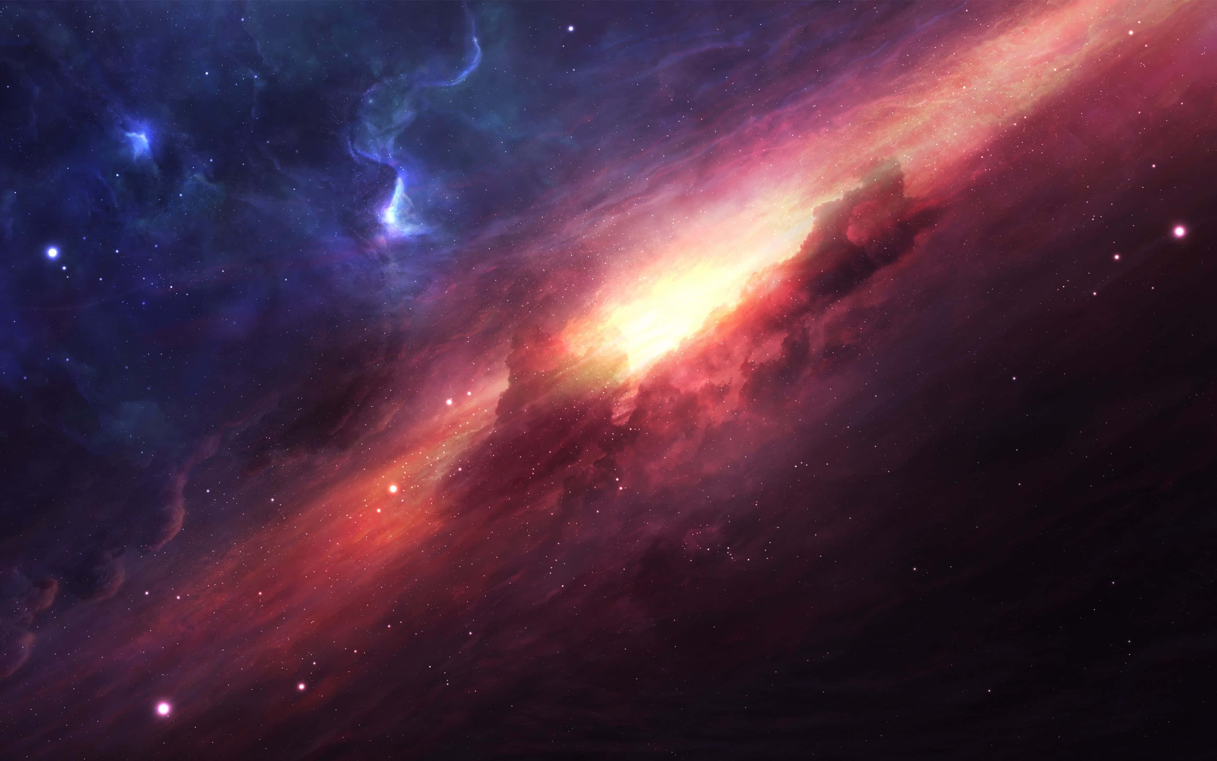 高清 桌布 壁紙 — 一個充滿活力的宇宙星雲，在星空中旋轉著火紅和深藍的色彩。