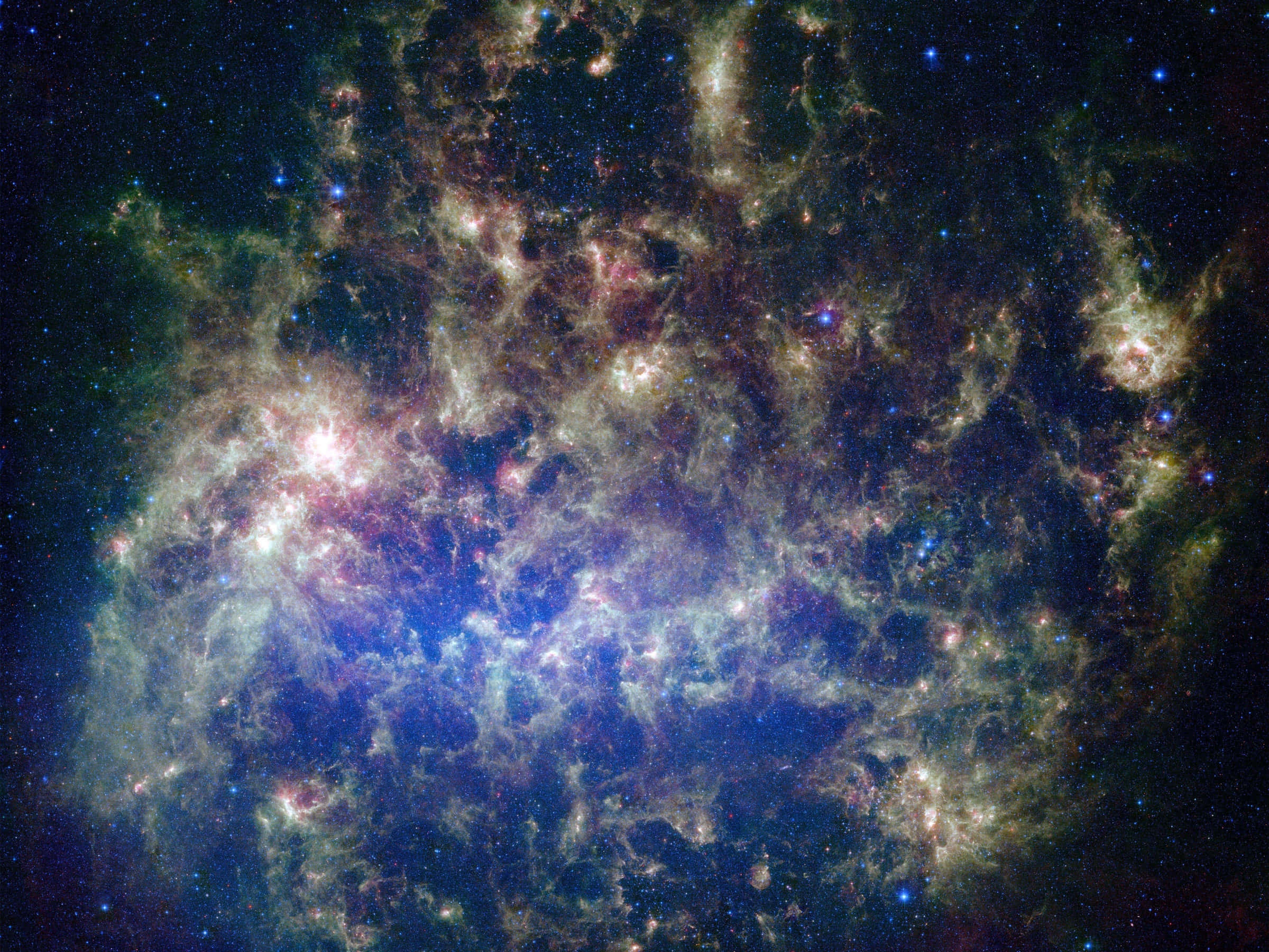 dark matter 桌布 壁紙 — 一個充滿活力的宇宙星雲，在星空中旋轉著發光的藍色、粉紅色和金色。