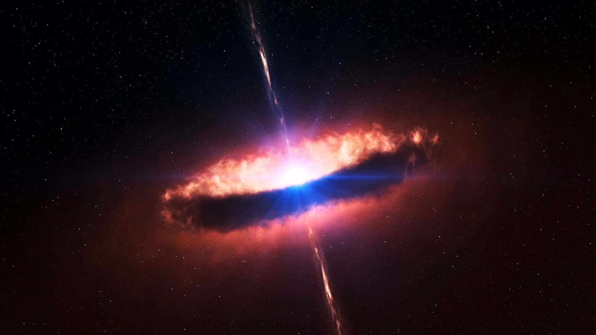 Blast 桌布 壁紙 — 一個充滿活力的宇宙星雲，在星空中散發著火紅和電藍的光芒，從其核心輻射出強烈的光。