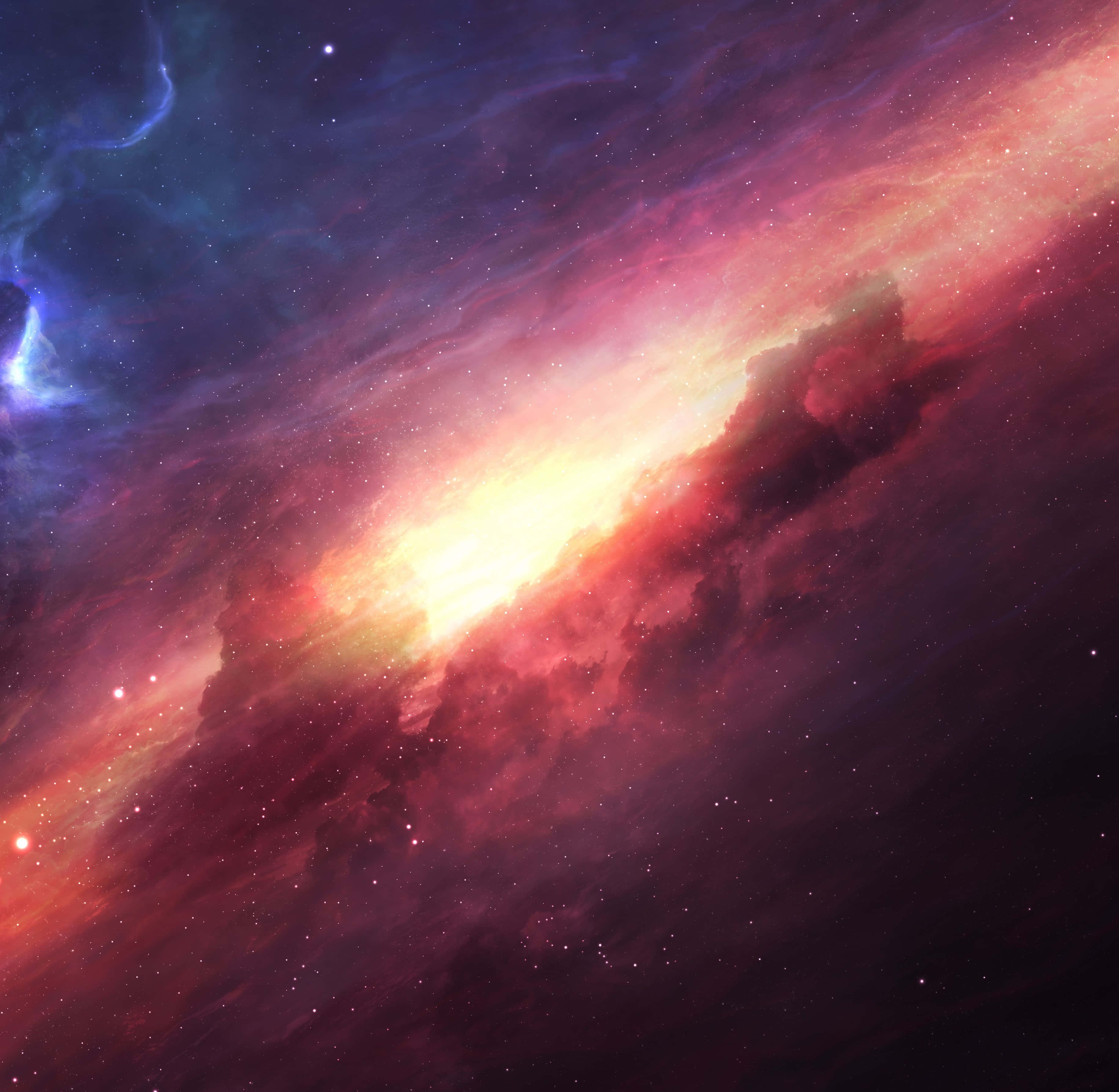 Elliptical Galaxy 桌布 壁紙 — 一個充滿活力的宇宙星雲，在星空中旋轉著火紅、金色和深藍色。