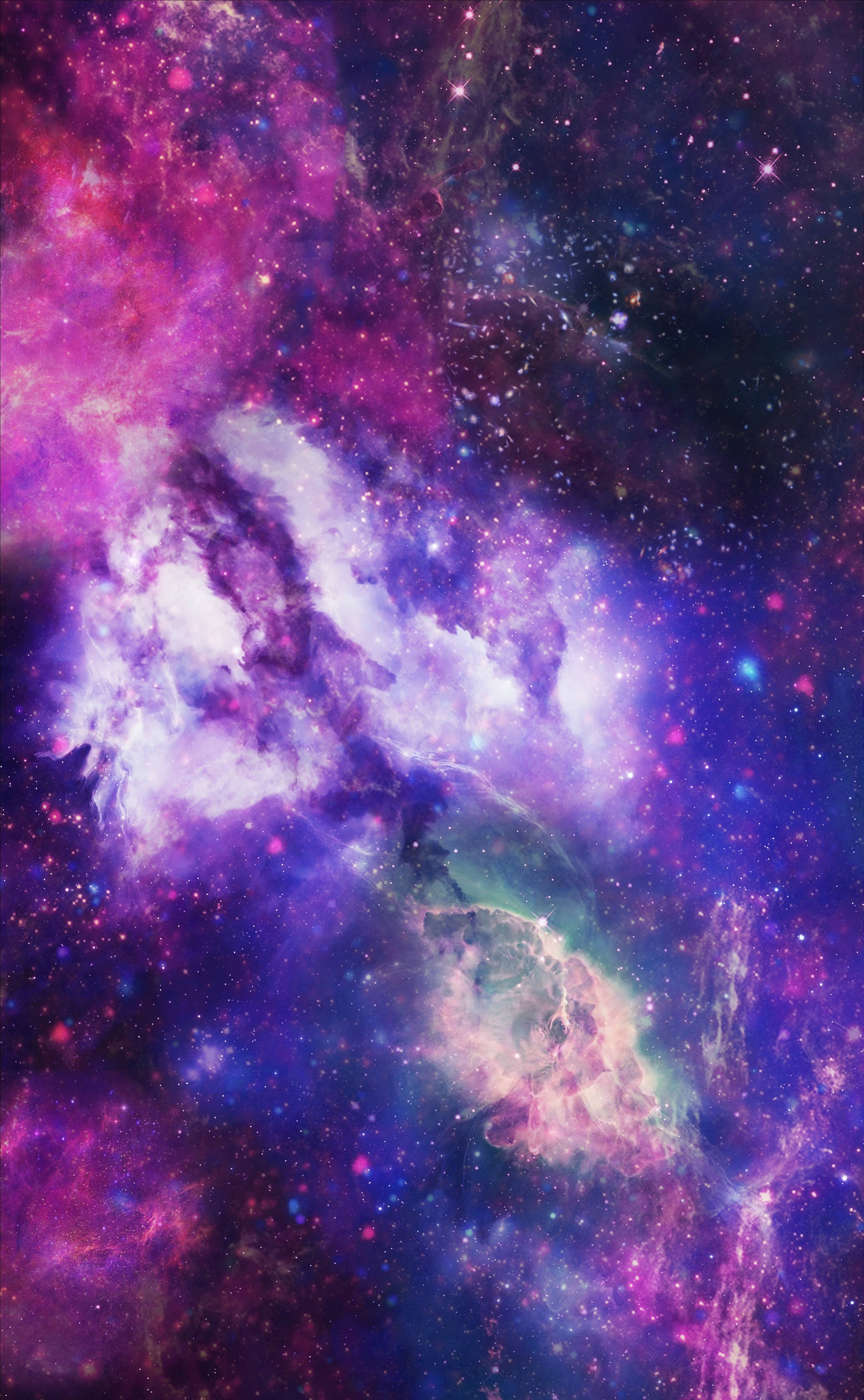 太空 桌布 壁紙 — 一個充滿活力的宇宙星雲，在星空中旋轉著紫色、粉紅色和藍色的雲層。