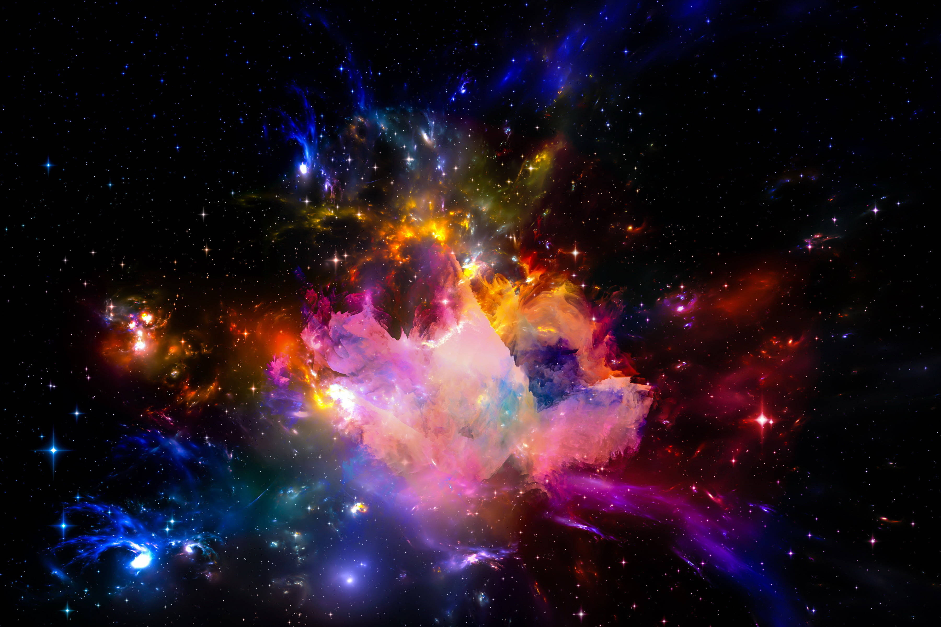 彩虹 桌布 壁紙 — 一個充滿活力的宇宙星雲，在星空中爆發著火橙色、粉紅色和電藍色的氣體。