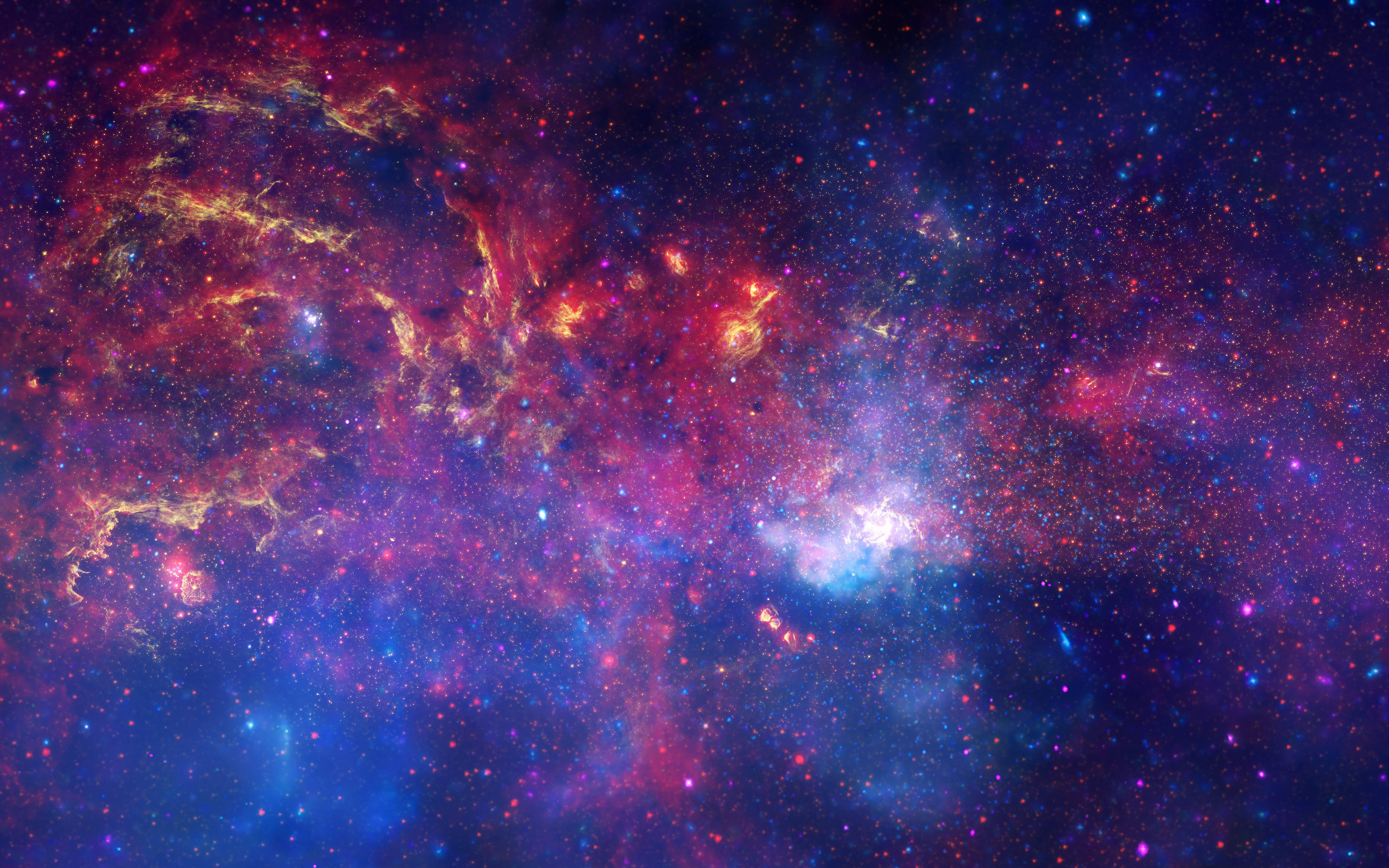 宇宙美學 桌布 壁紙 — 一個充滿活力的宇宙星雲，在星空背景下旋轉著火紅、金色和深藍色。