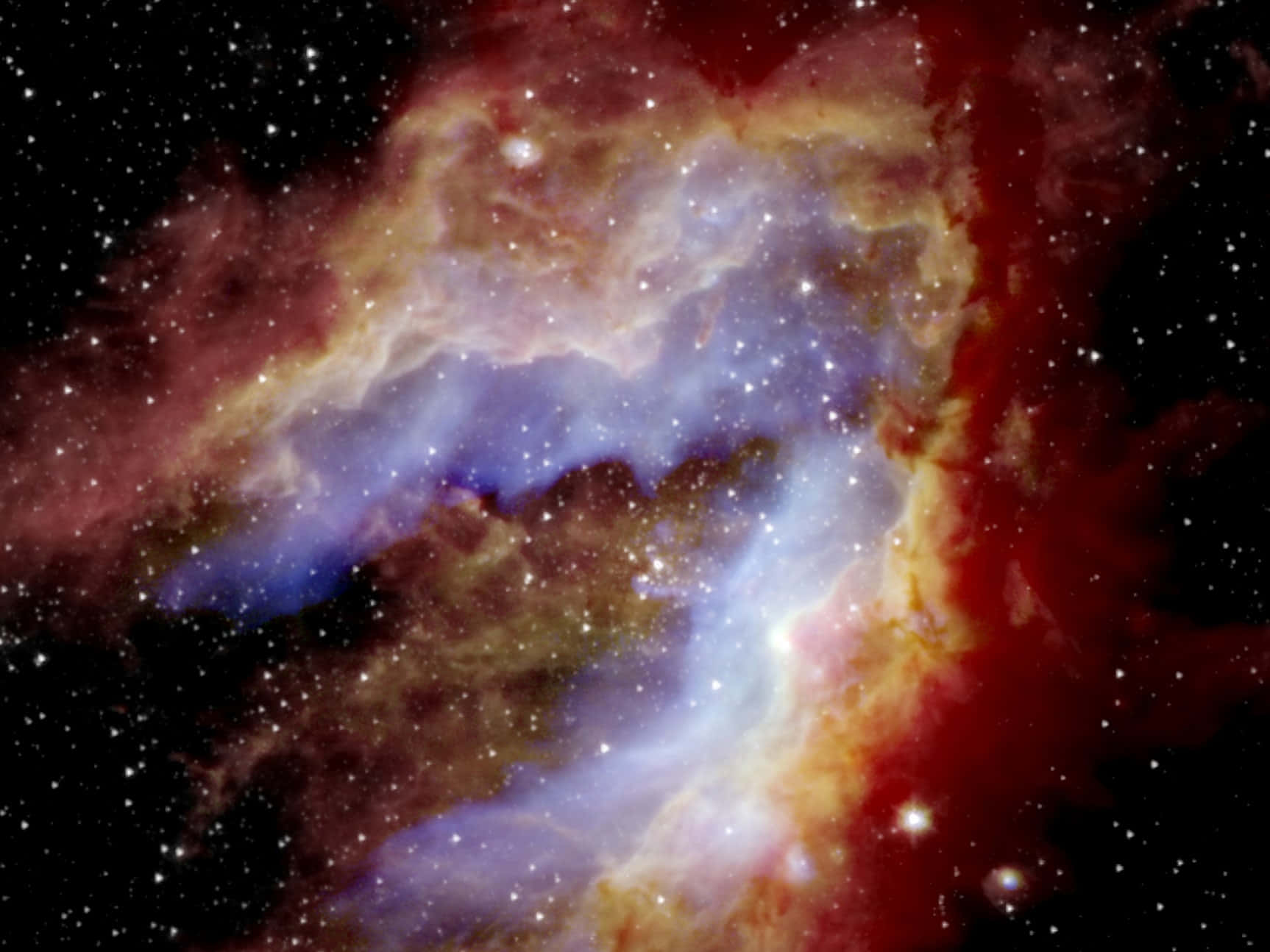 星雲 桌布 壁紙 — 一個充滿活力的宇宙星雲，在深空星場中旋轉著紅色、橙色和藍色的氣體。